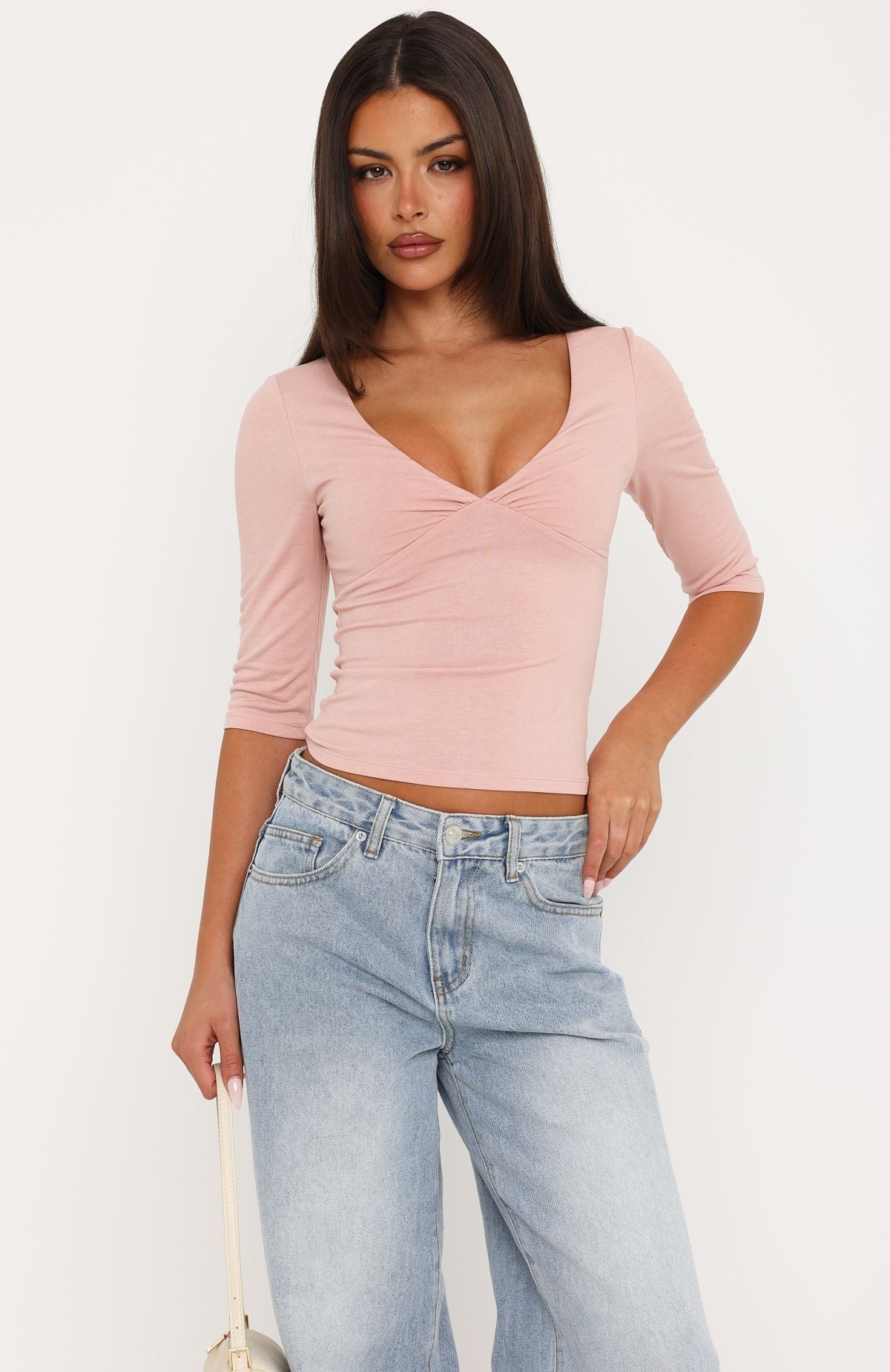 Trending Little Bit Of Everything 34 Sleeve V Neck Top Dusty Pink