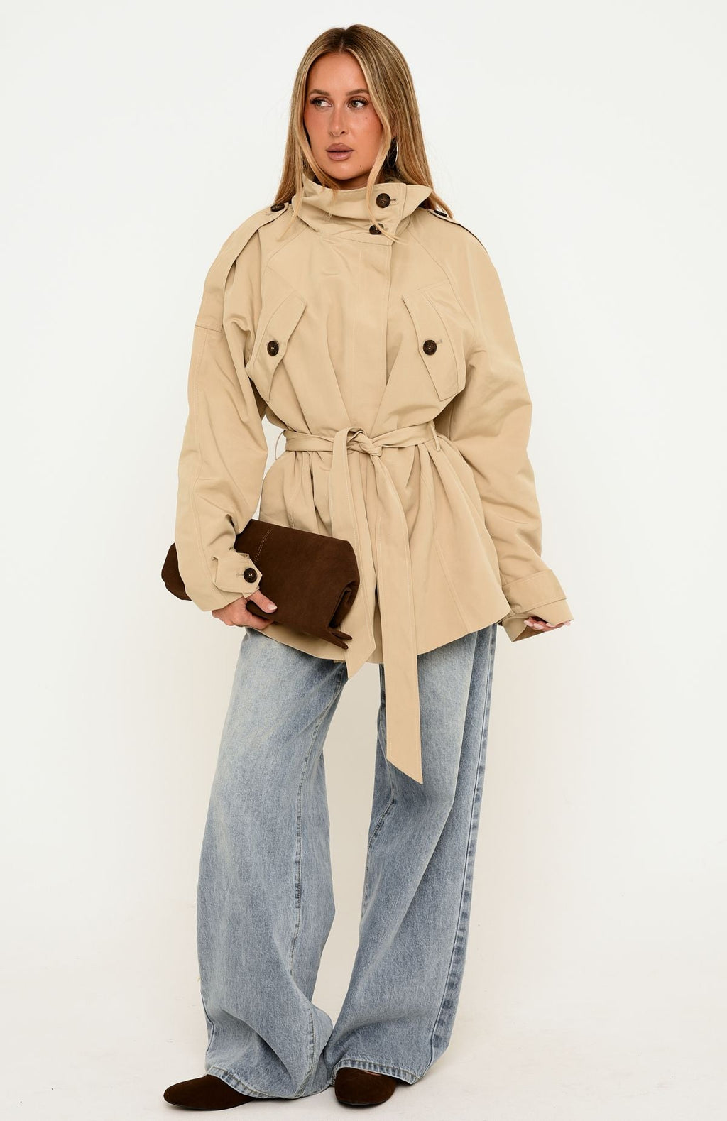 Trending Thessaly Funnel Neck Cropped Trench Jacket Sand