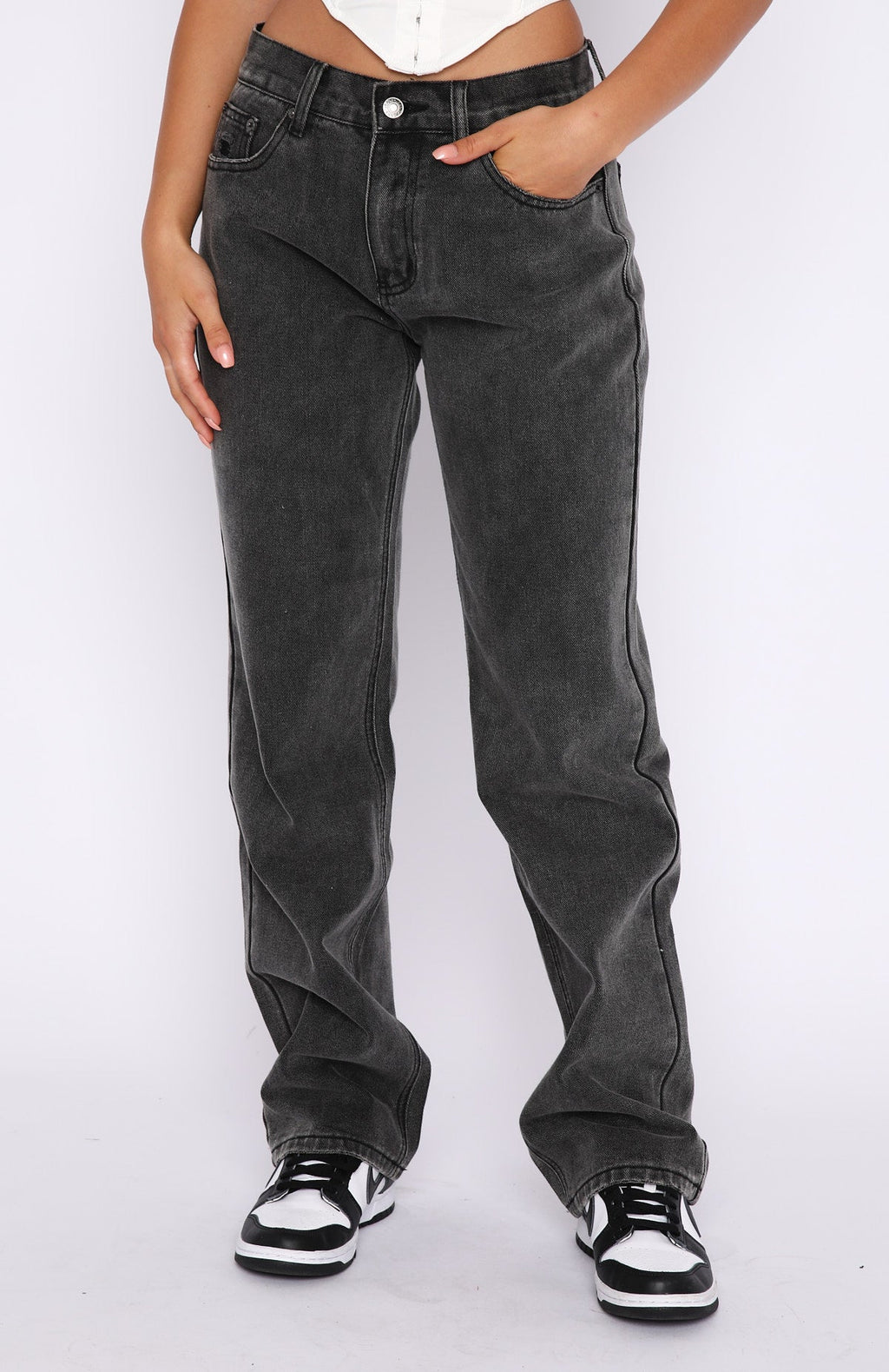 Trending Fashion Society Mid Rise Straight Leg Jeans Acid Black