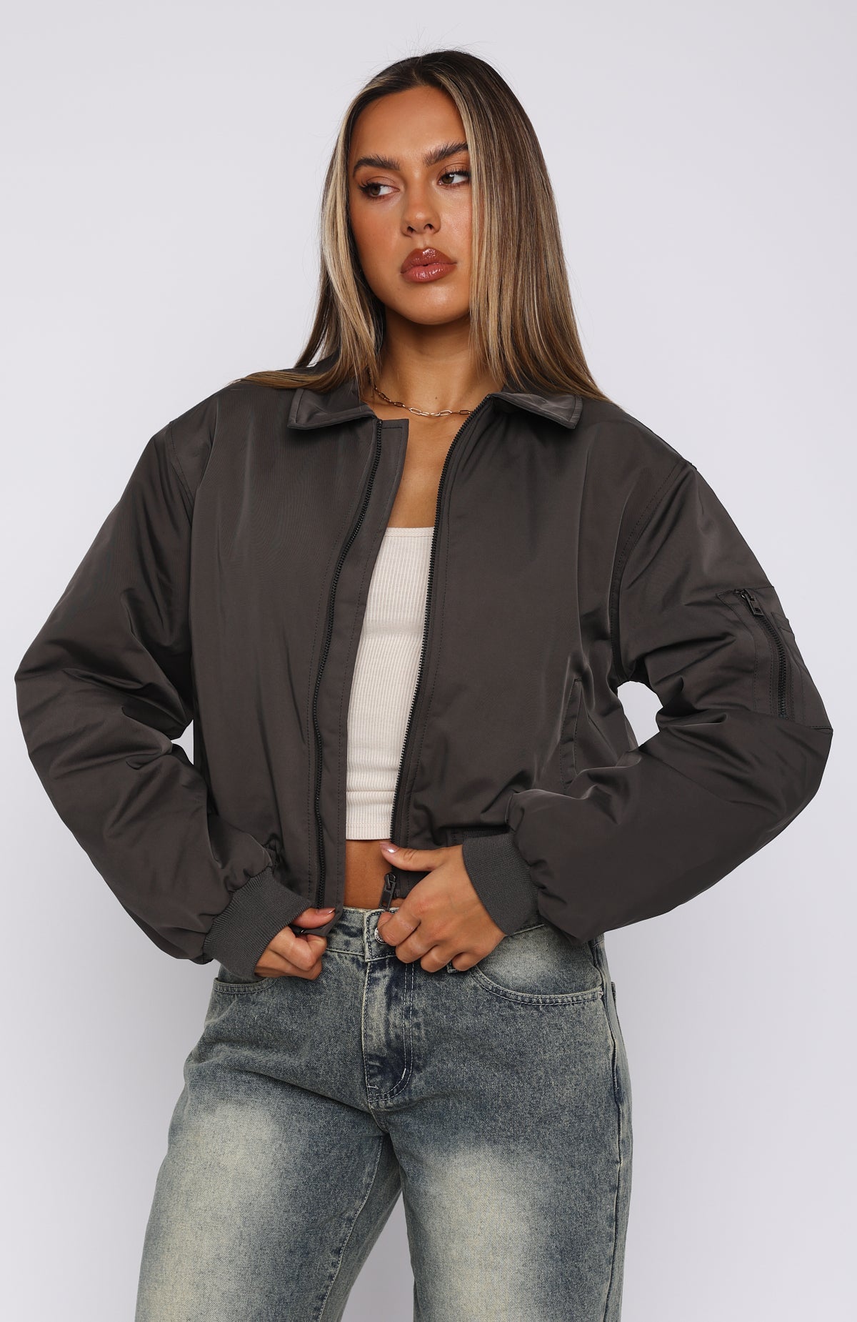 Trending Something Forgotten Bomber Jacket Slate