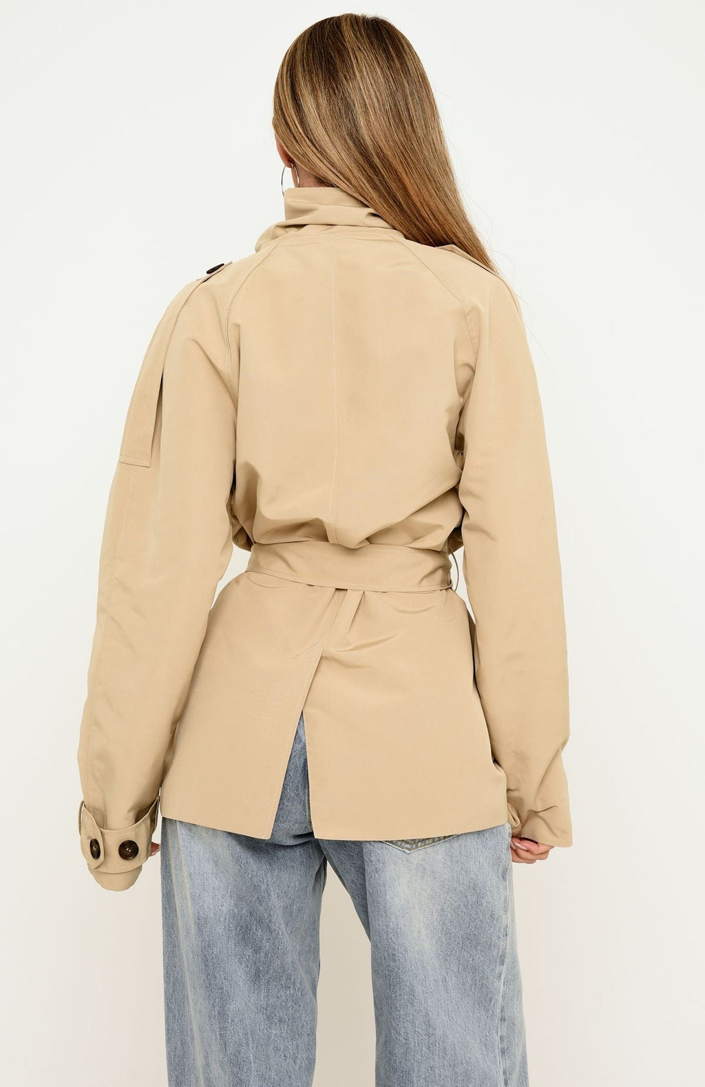 Trending Thessaly Funnel Neck Cropped Trench Jacket Sand