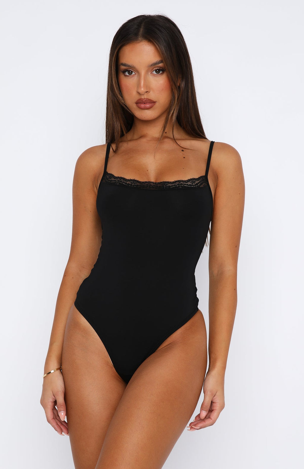 Trending Clocked In Lace Trim Bodysuit Black