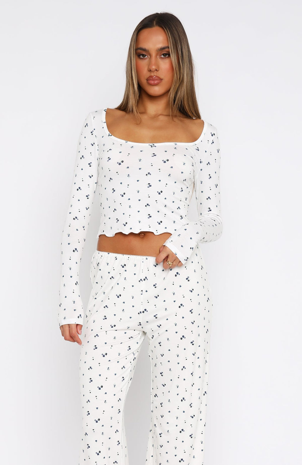 Trending Dreamy Long Sleeve Pyjama Top Ditsy Blues