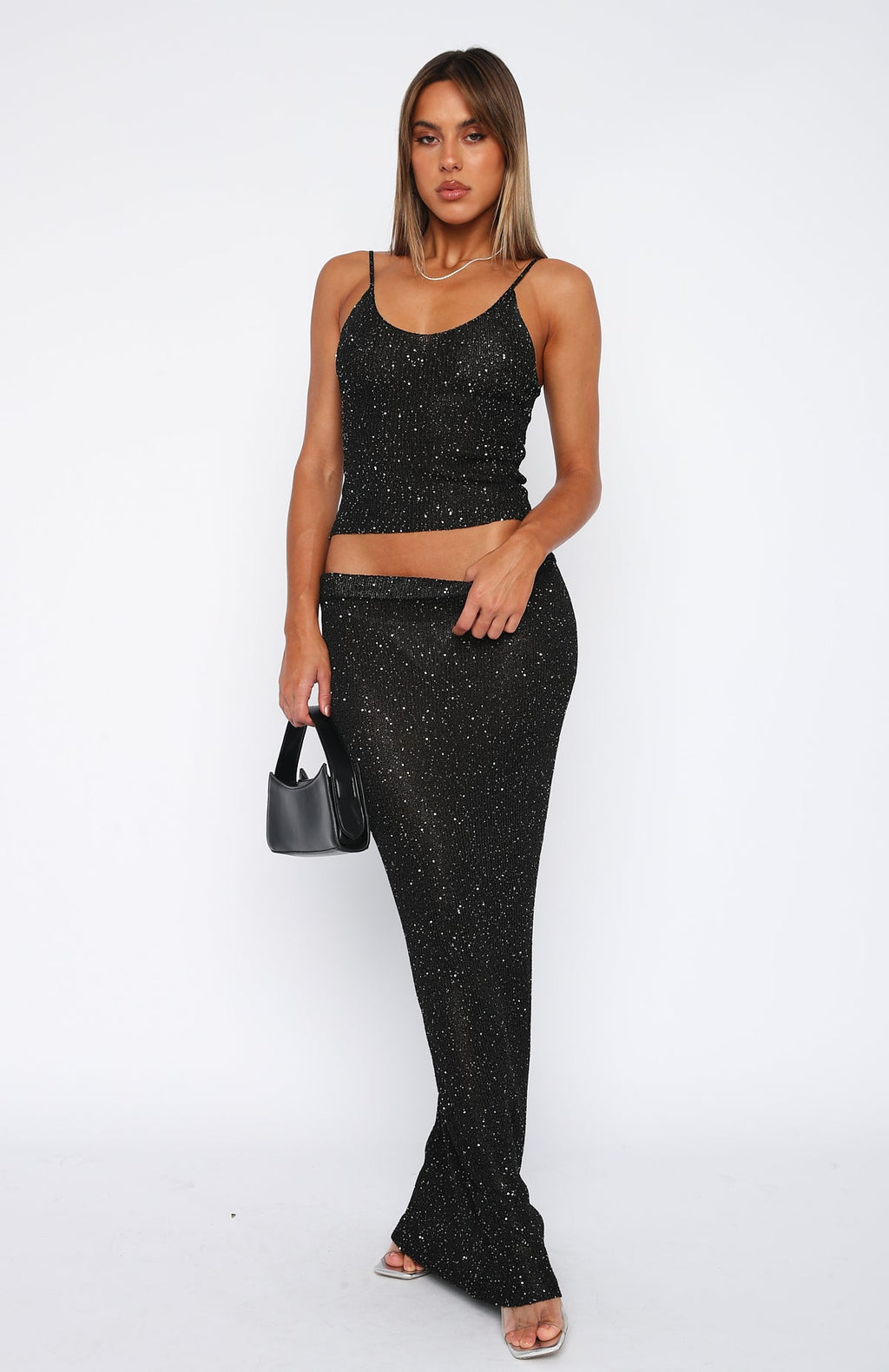 Trending Star Shining Sequin Knit Maxi Skirt Black