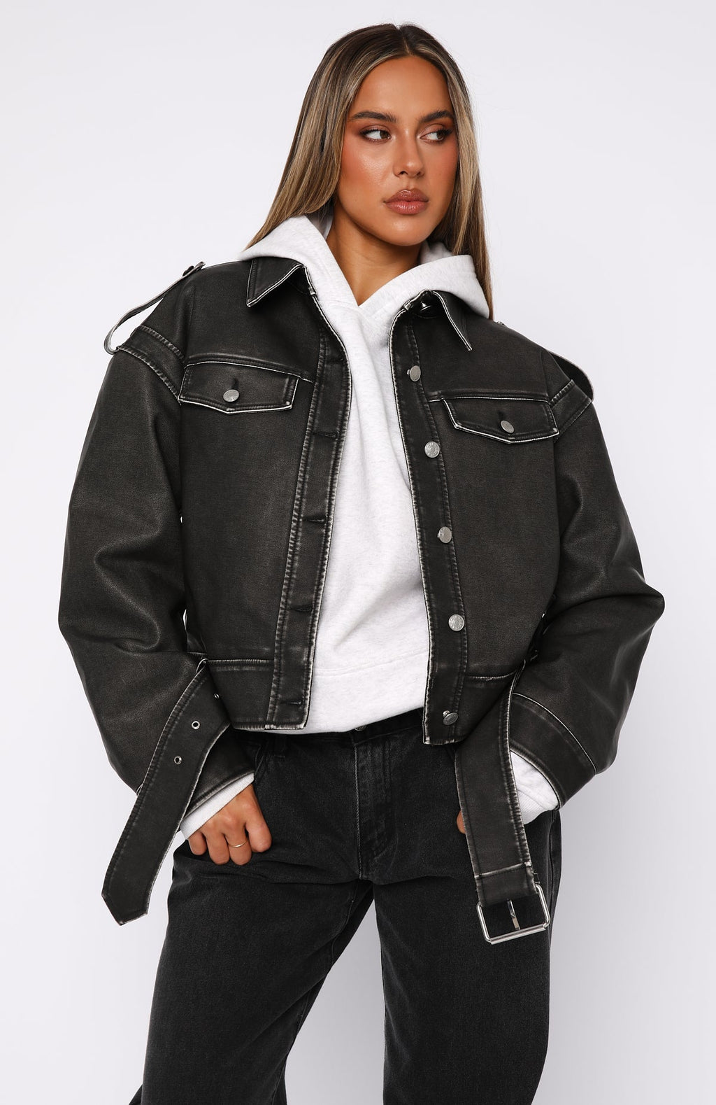 Trending In This World PU Biker Jacket Charcoal Wash