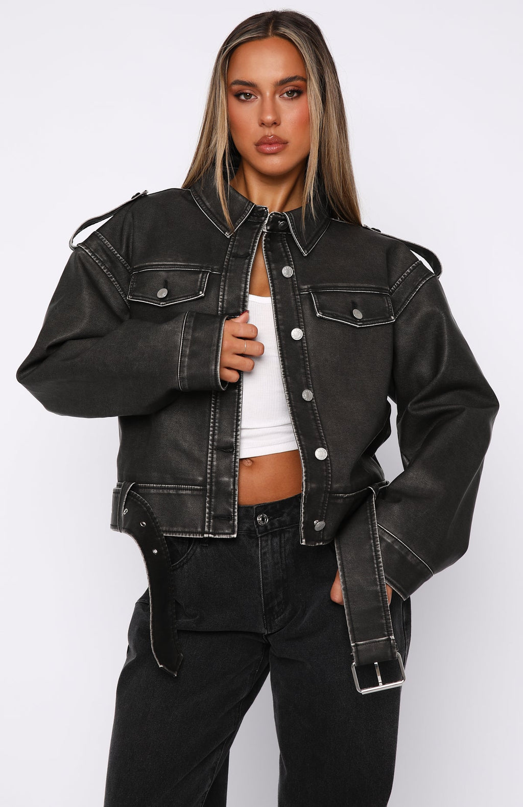 Trending In This World PU Biker Jacket Charcoal Wash