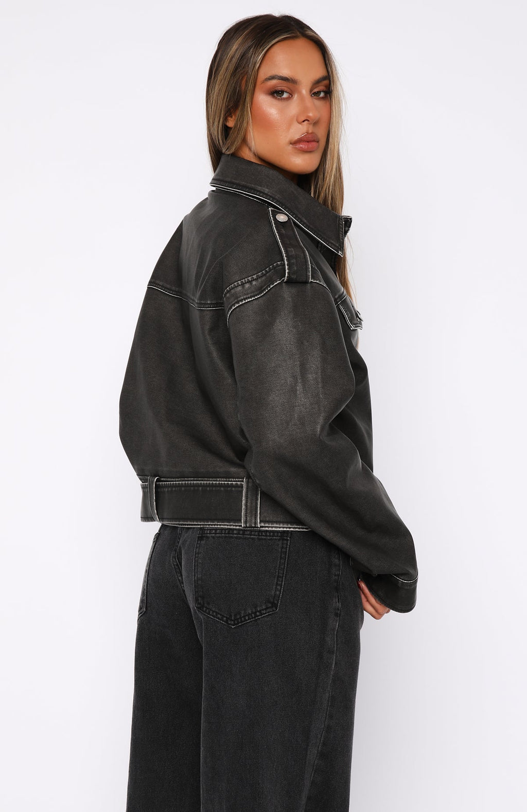 Trending In This World PU Biker Jacket Charcoal Wash