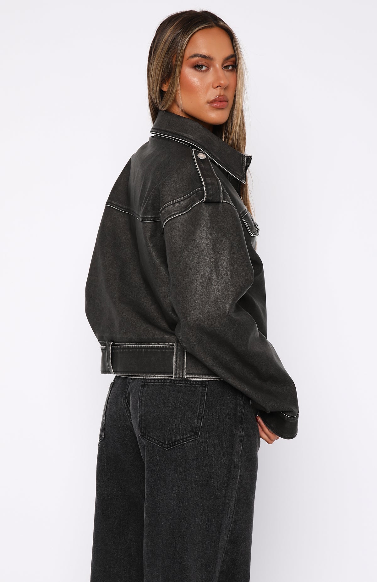 Trending In This World PU Biker Jacket Charcoal Wash