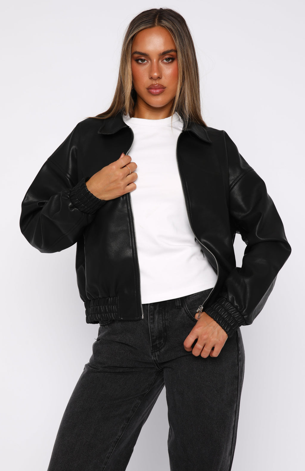 Trending Might Cause Trouble PU Bomber Jacket Black