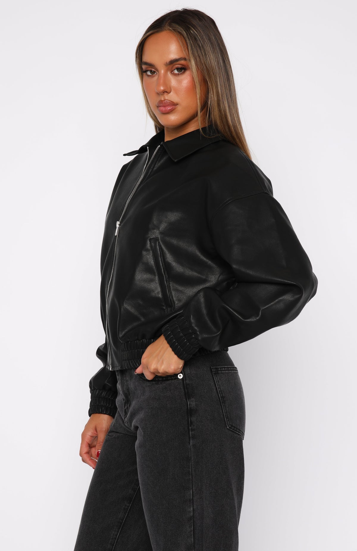 Trending Might Cause Trouble PU Bomber Jacket Black