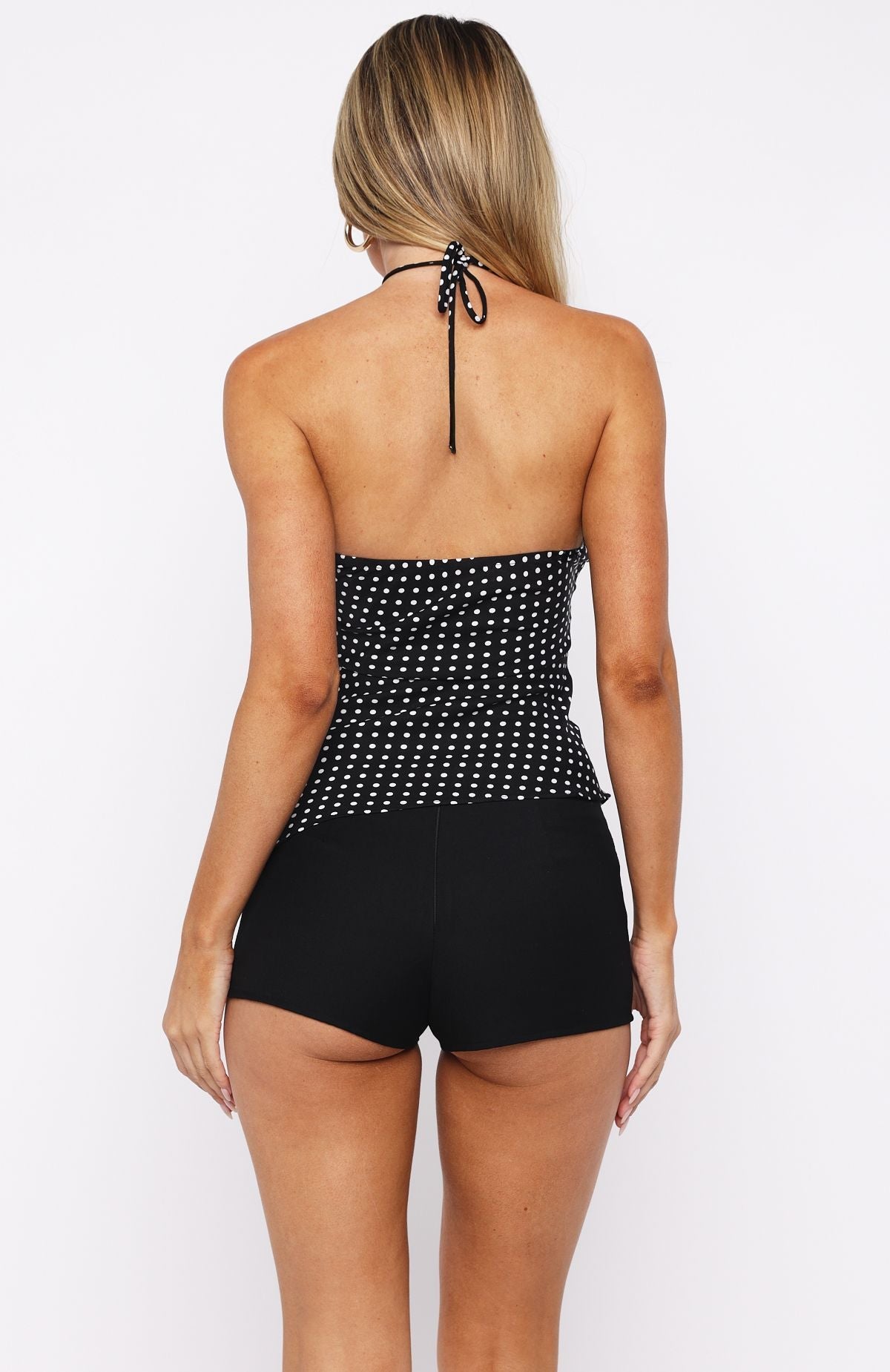 Trending Laced Up Halter Top BlackWhite Polka Dot