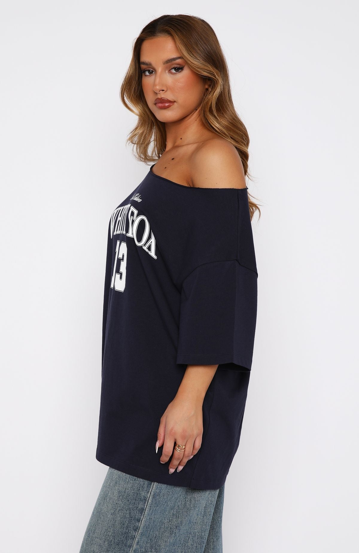 Trending Everything In Time Off Shoulder Oversized Tee Navy