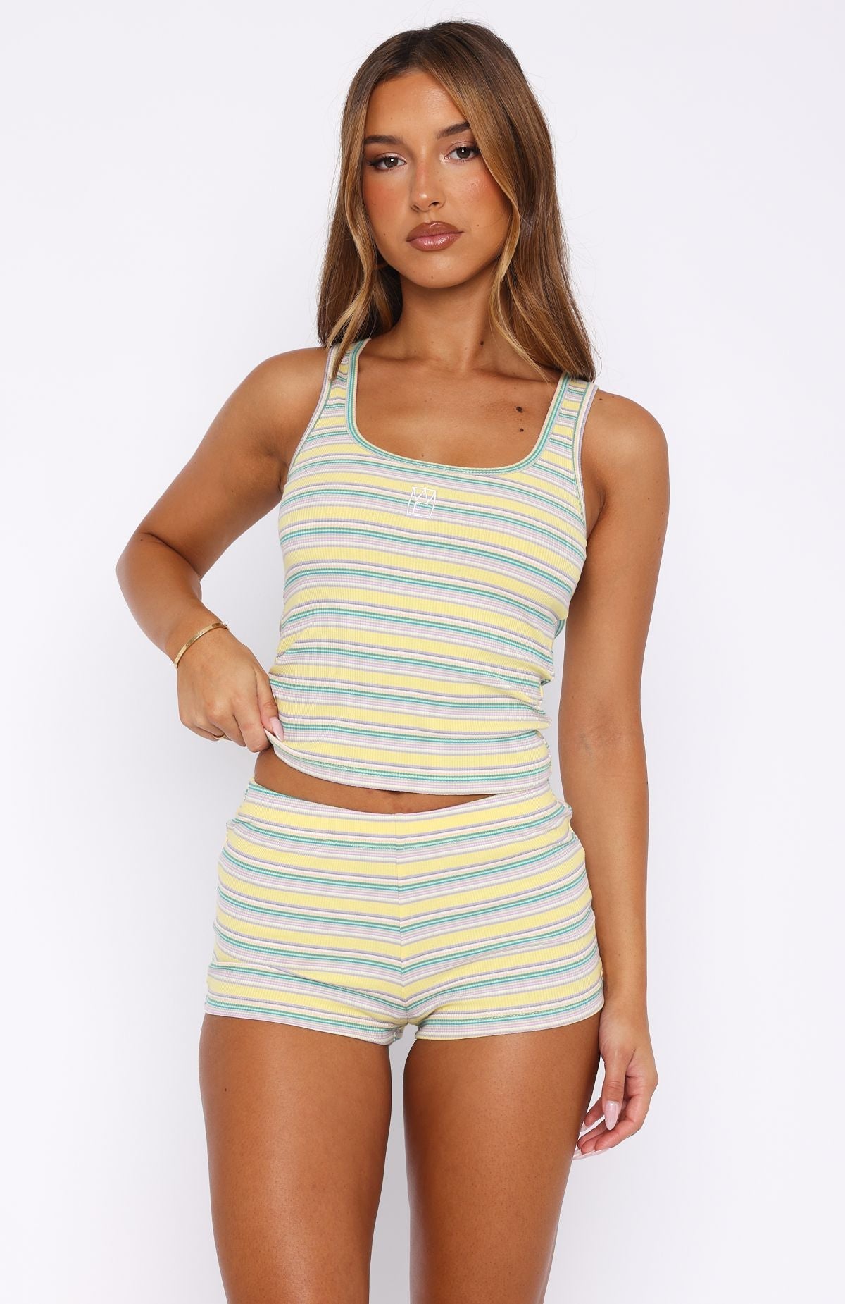 Trending Escape Mode Booty Shorts Lemon Candy Stripe