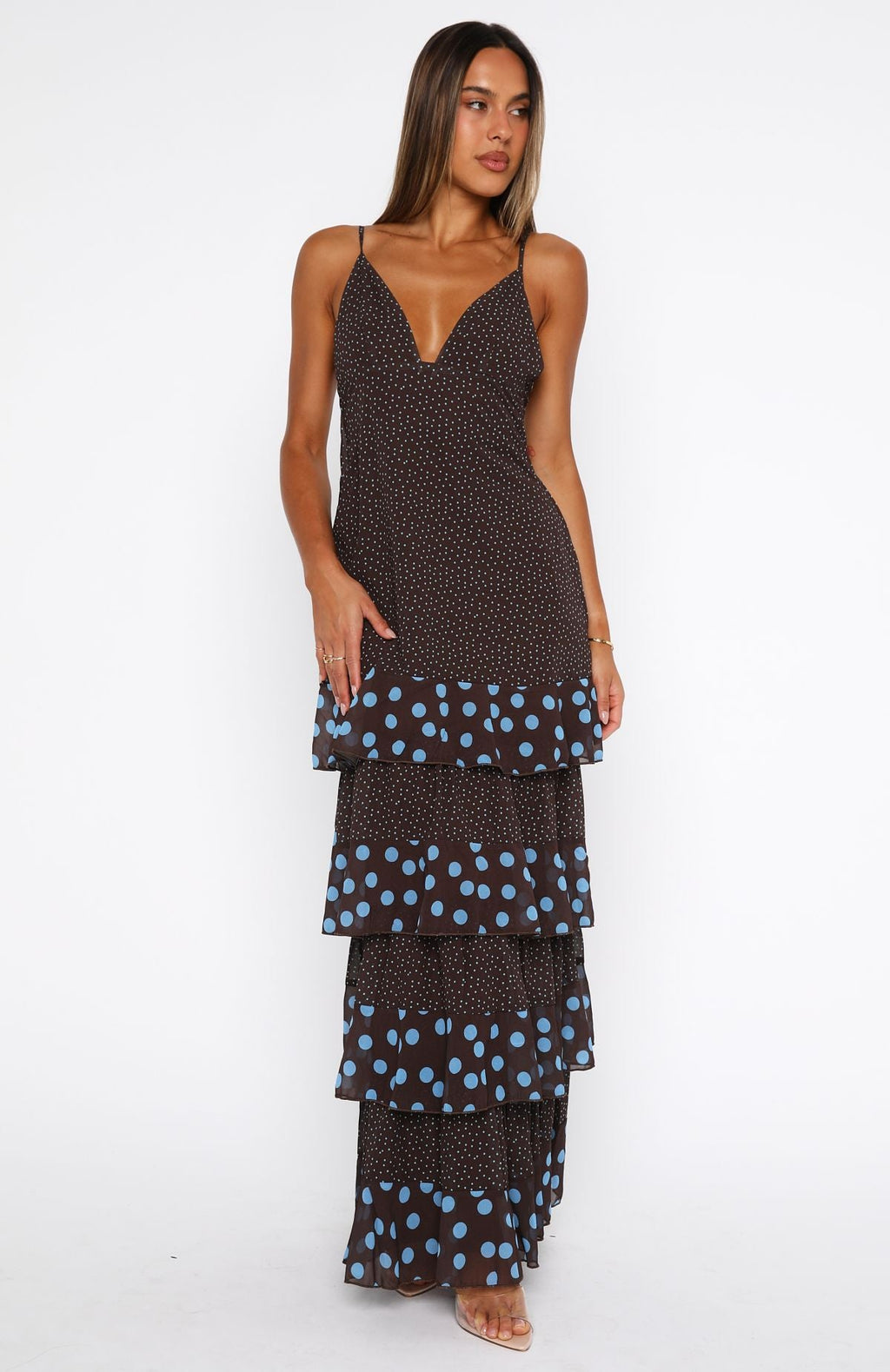 Trending Princess Maxi Dress ChocolateBlue Polka Dot