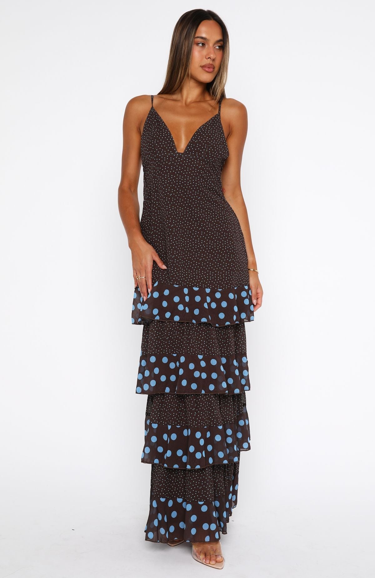 Trending Princess Maxi Dress ChocolateBlue Polka Dot