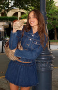 Trending Ayla Denim Mini Skort Dark Blue Wash