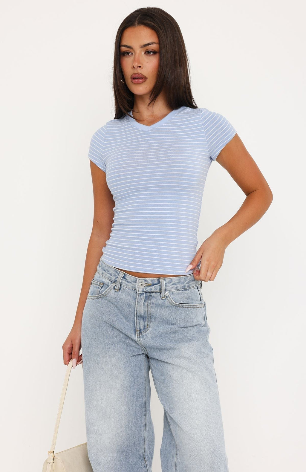 Trending Fell Into Place V Neck Striped Short Sleeve Top Baby BlueWhite