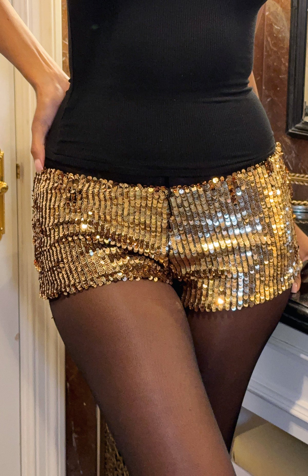 Trending Bold Moves Sequin Shorts Gold