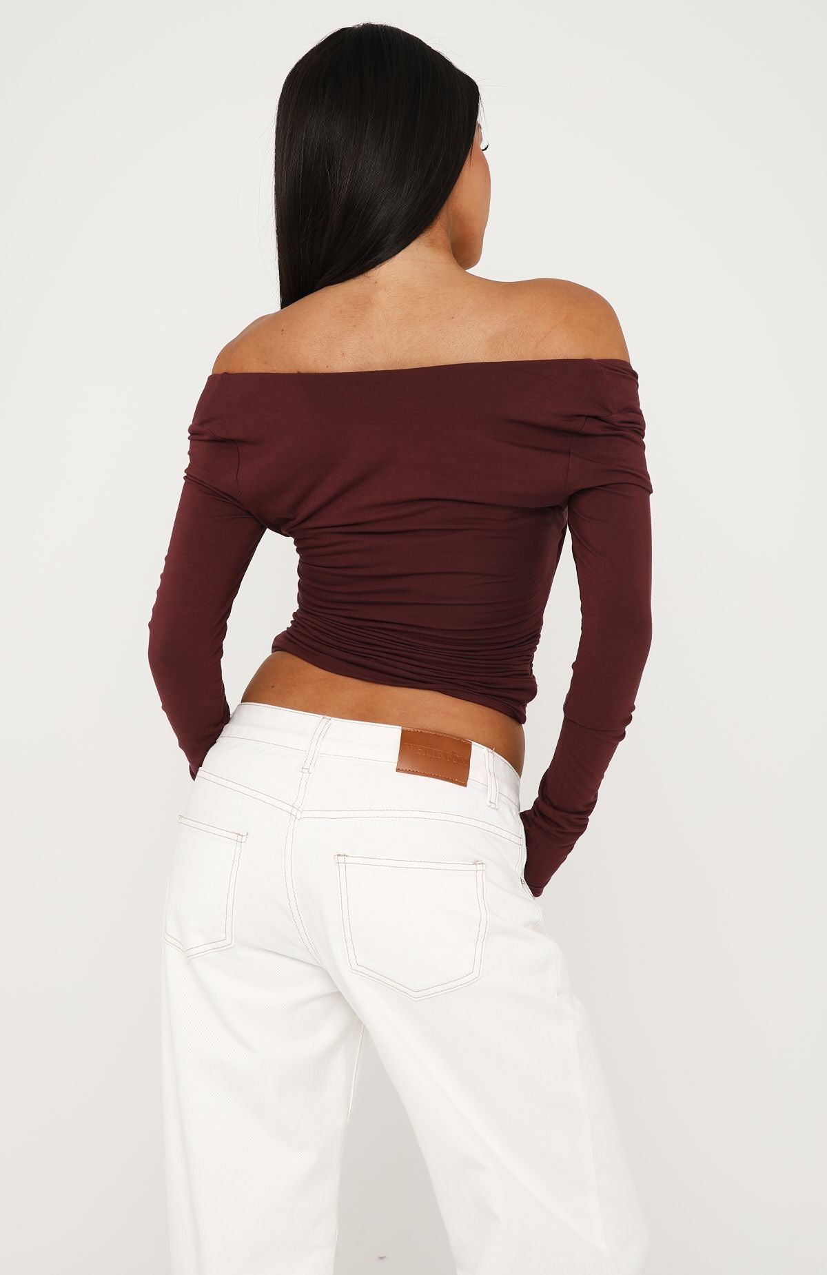 Trending Sparks Fly Cinched Waist Off Shoulder Long Sleeve Top Cherry Chocolate
