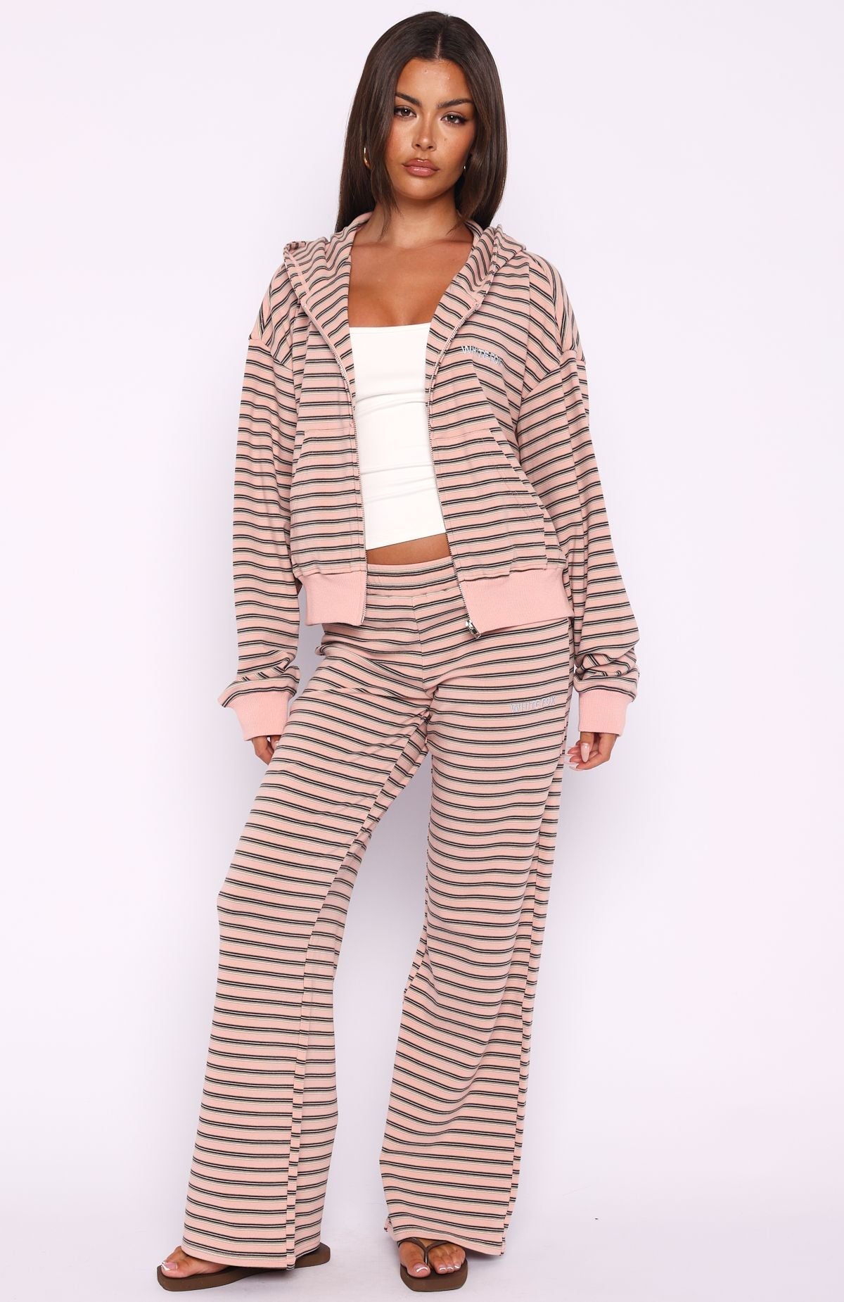 Trending Looking Back Boxy Zip Front Hoodie Pink Stripe