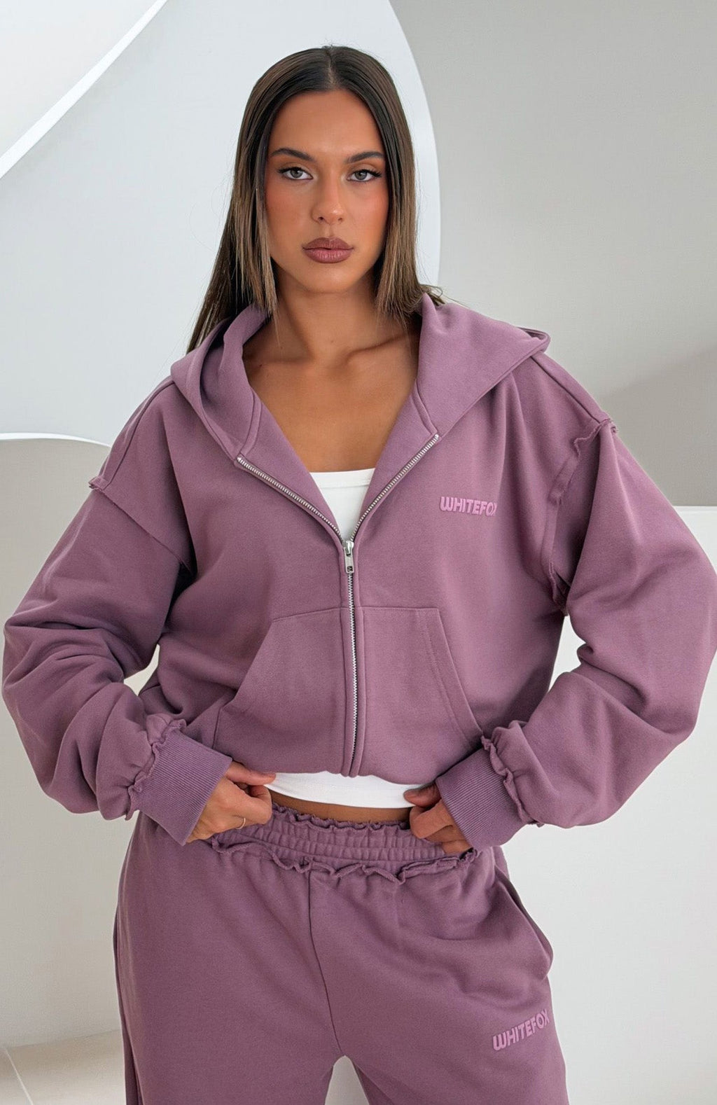 Trending On My Own Terms Boxy Zip Front Hoodie Dusty Plum