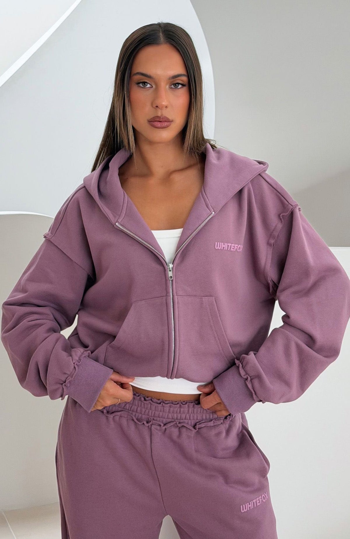 Trending On My Own Terms Boxy Zip Front Hoodie Dusty Plum