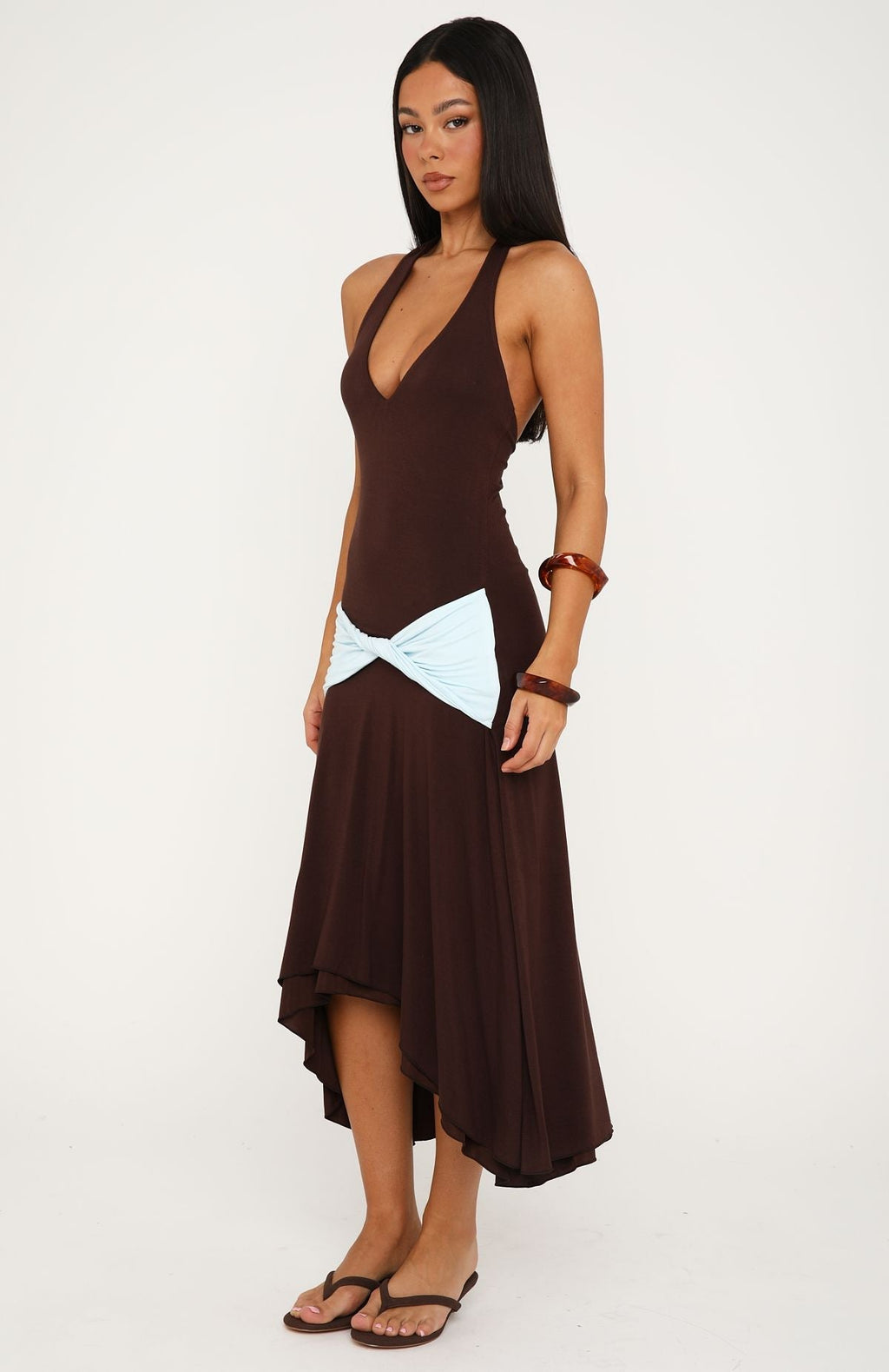 Trending Simple Sweet Midi Dress ChocolateBaby Blue
