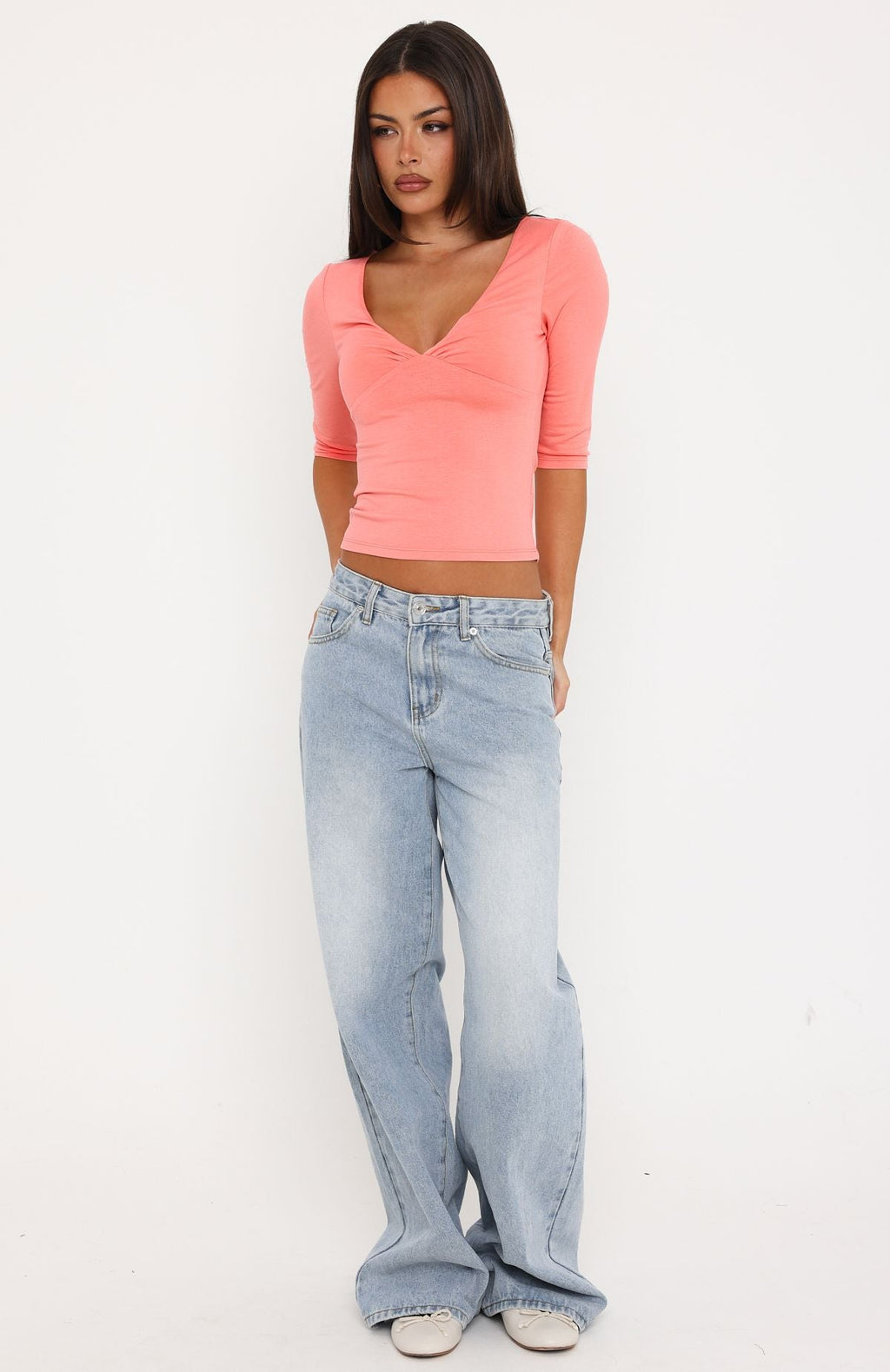 Trending Little Bit Of Everything 34 Sleeve V Neck Top Peach