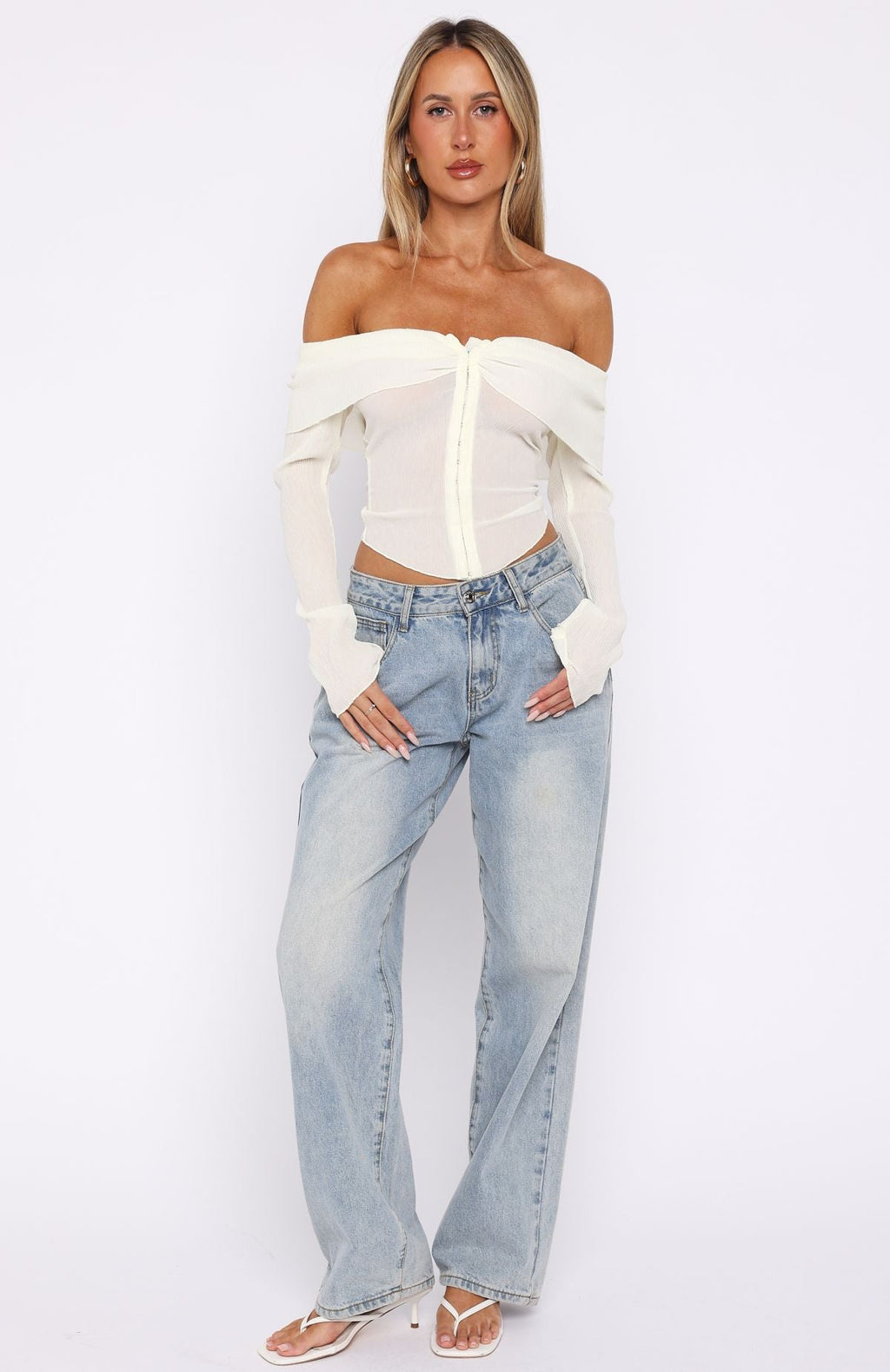 Trending Mood Forever Long Sleeve Off Shoulder Top Cream