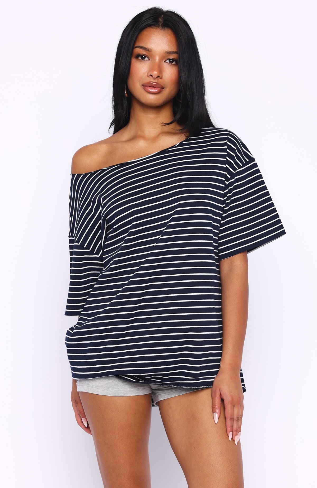 Trending Give Me Options Off Shoulder Tee NavyWhite Stripe