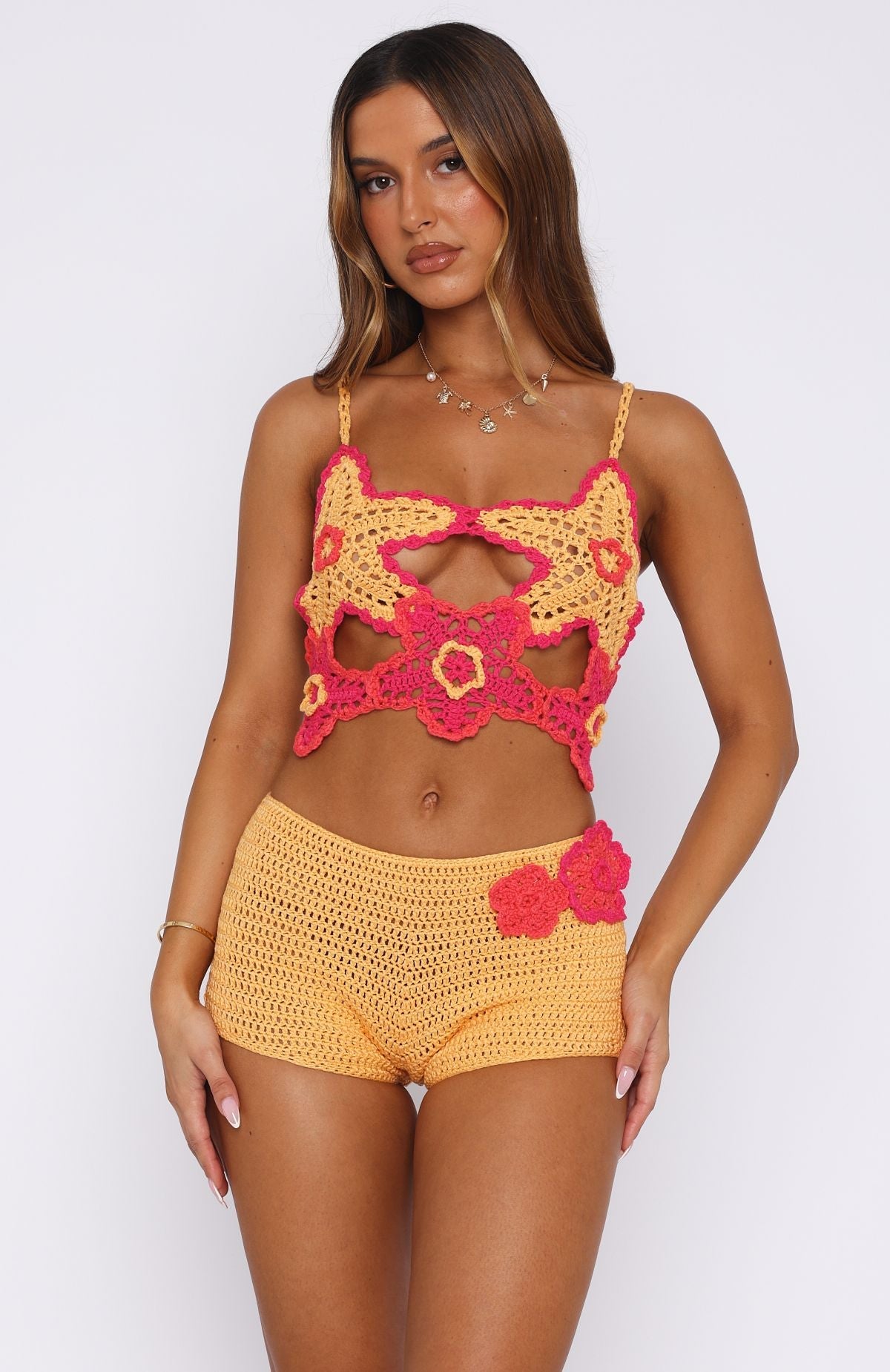Trending So Fresh Crochet Top Pastel OrangePink