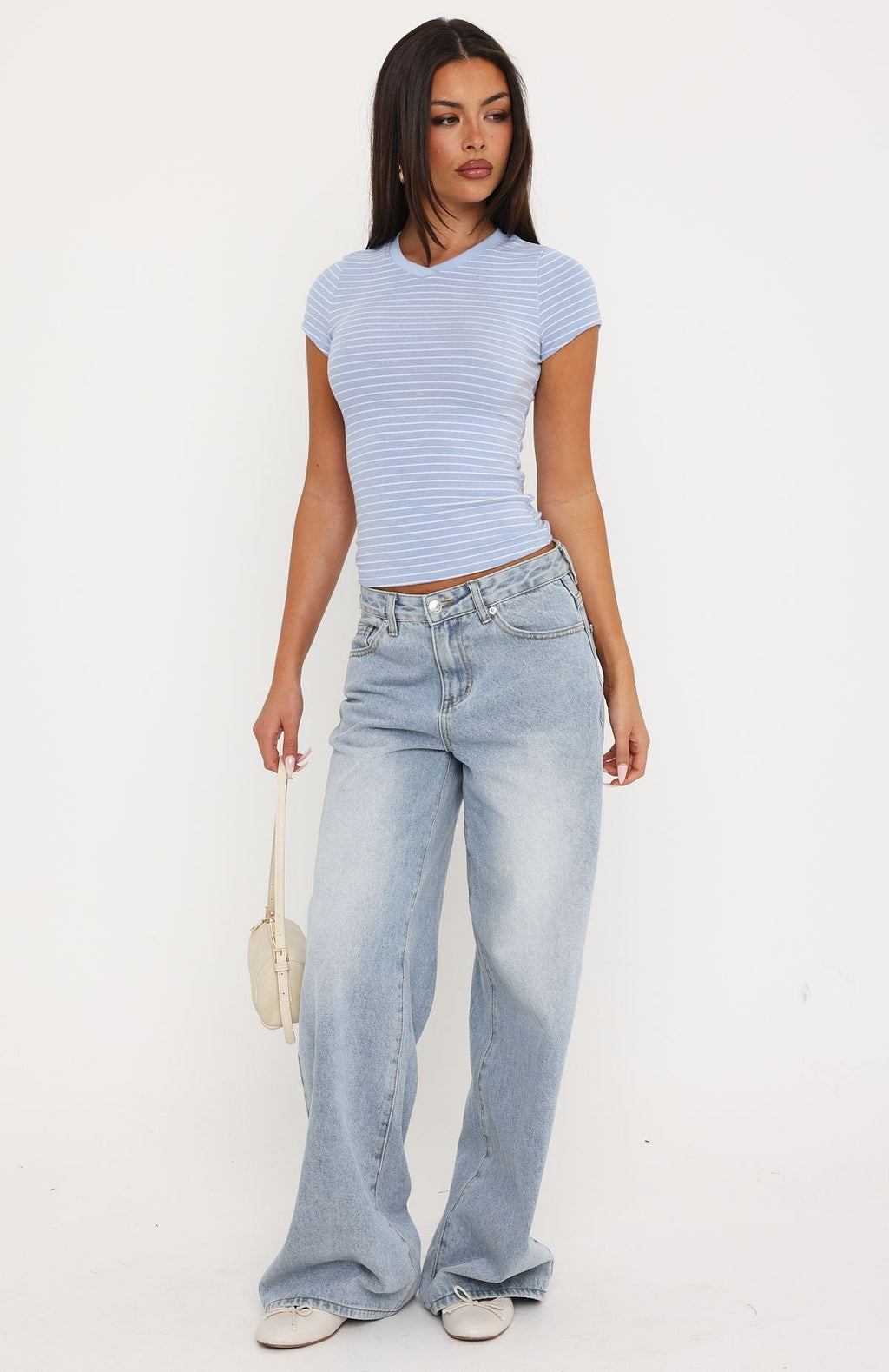 Trending Fell Into Place V Neck Striped Short Sleeve Top Baby BlueWhite