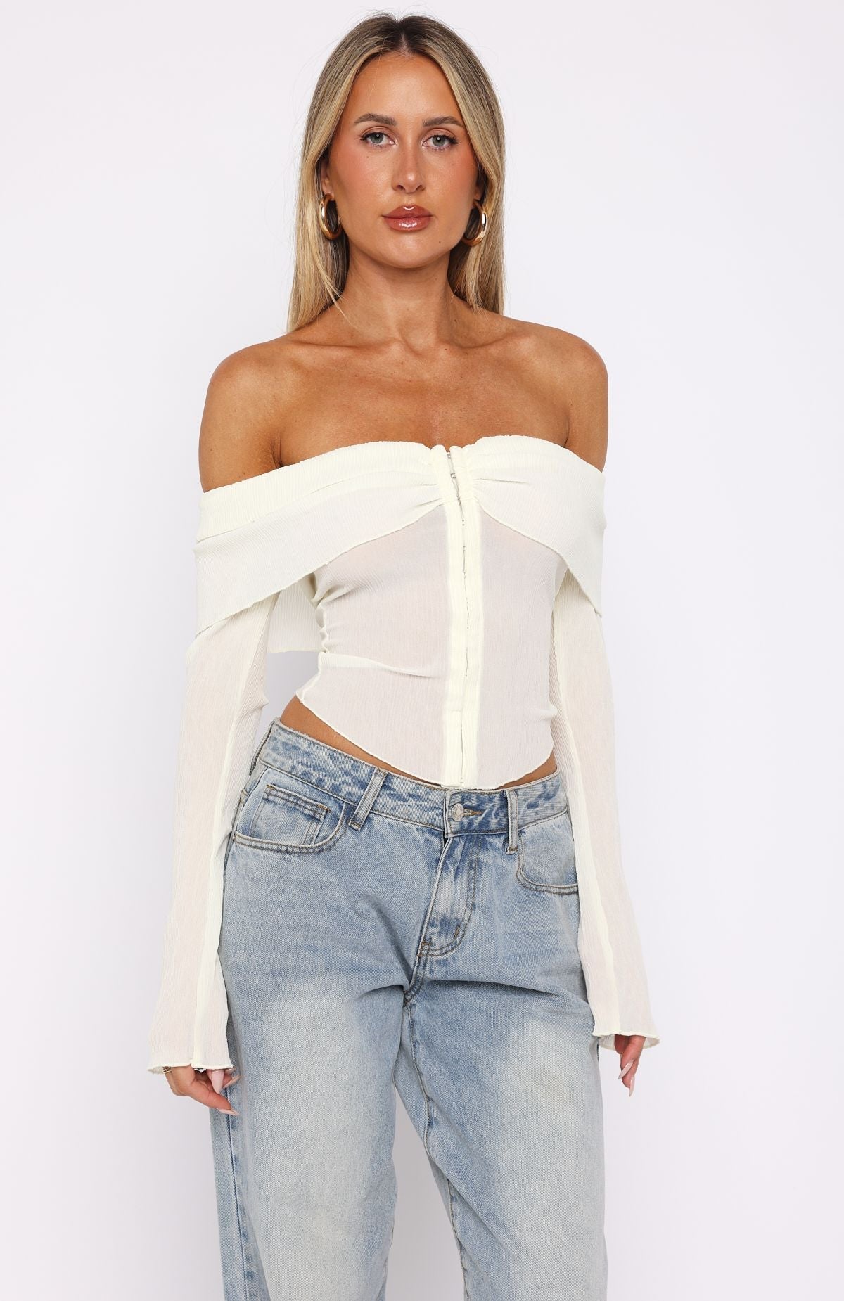 Trending Mood Forever Long Sleeve Off Shoulder Top Cream
