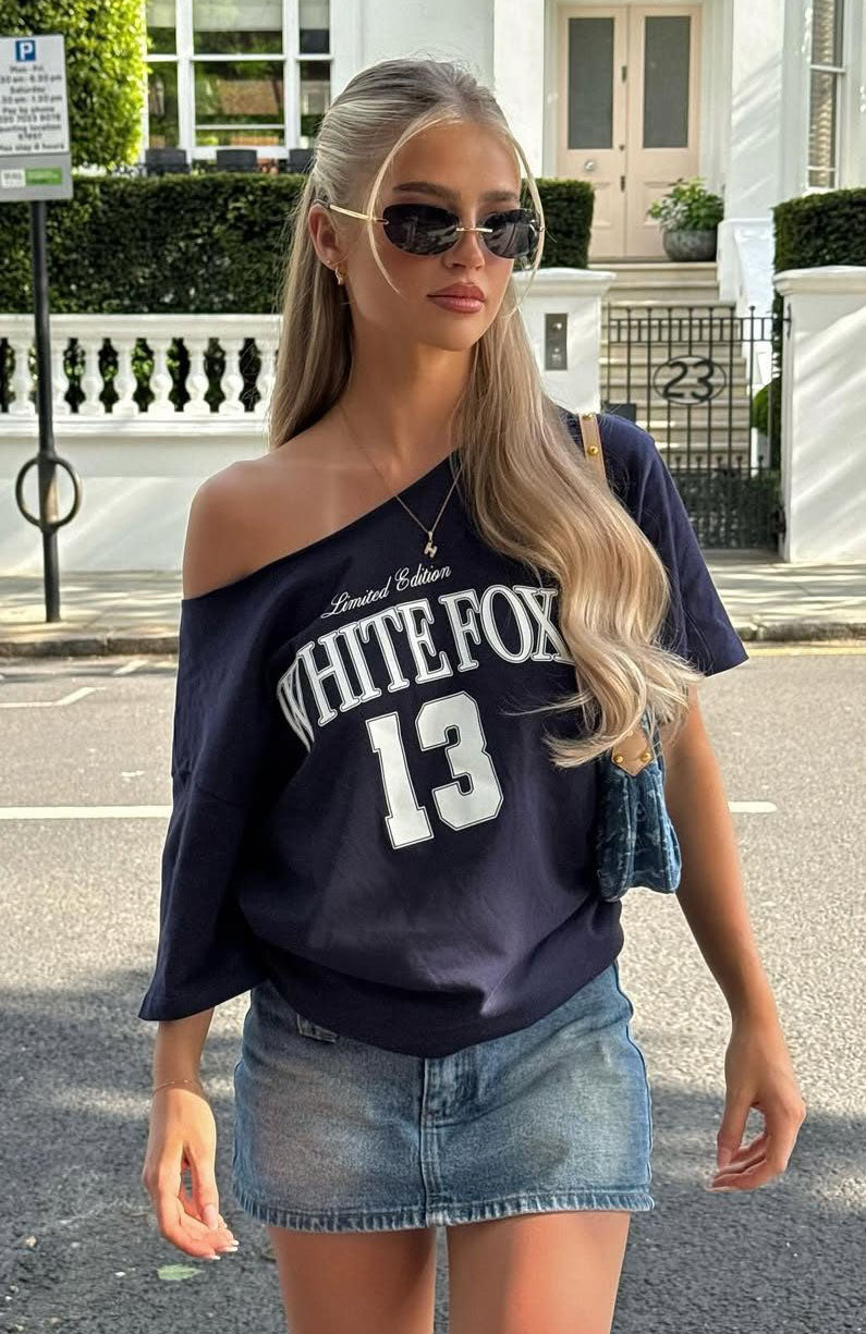 Trending Everything In Time Off Shoulder Oversized Tee Navy