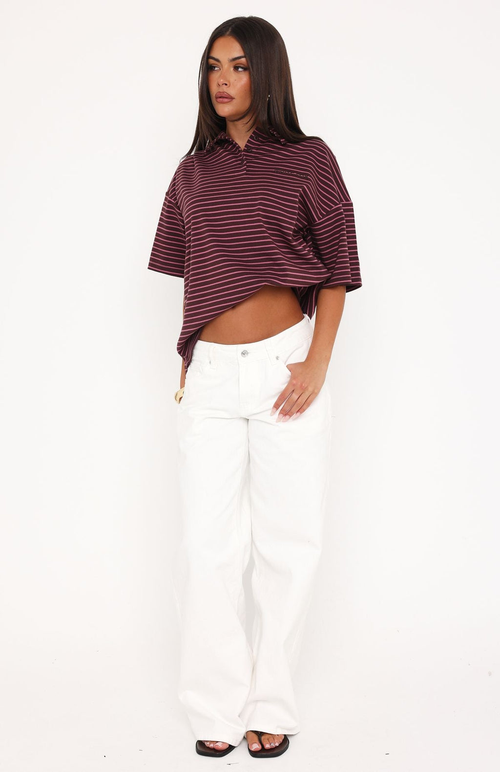 Trending Pure Intent Oversized Short Sleeve Polo Shirt Choc Pink Stripe