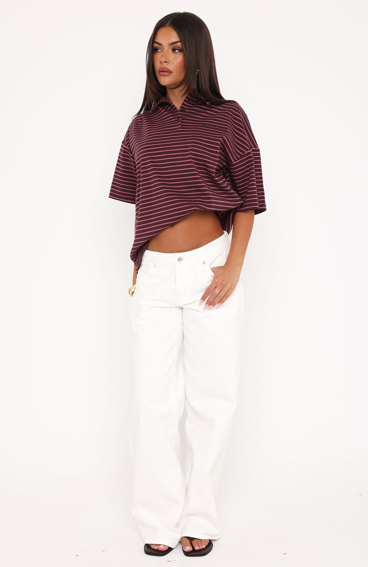 Trending Pure Intent Oversized Short Sleeve Polo Shirt Choc Pink Stripe
