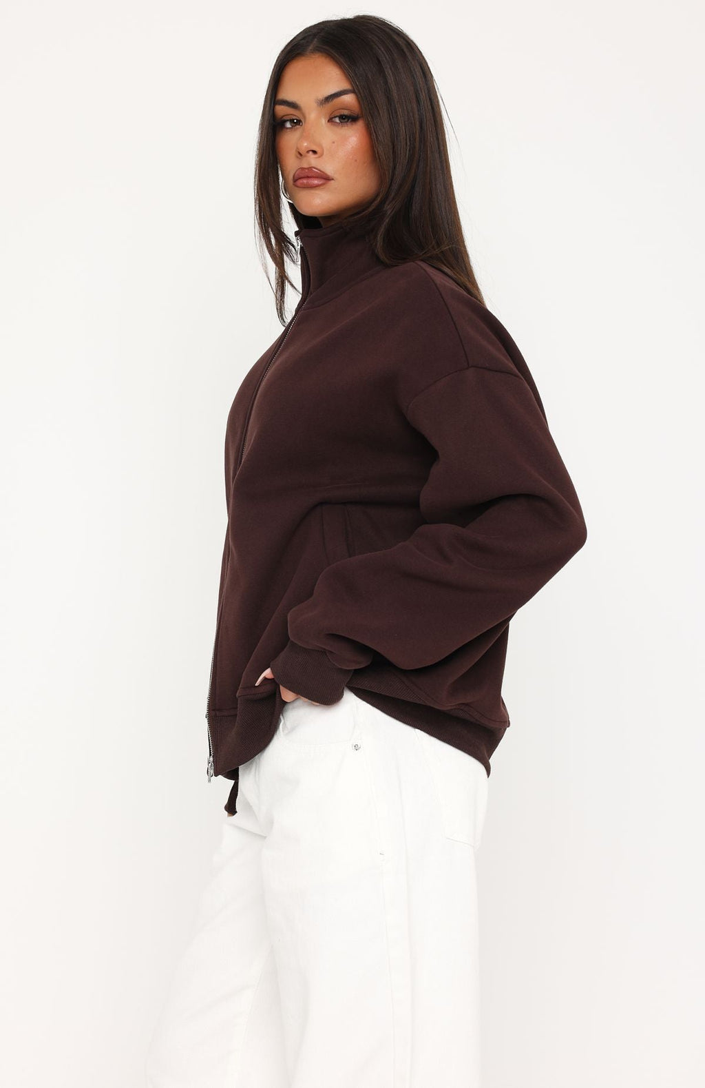 Trending Such A Dream Oversized Zip Front Funnel Neck Jacket Chocolate