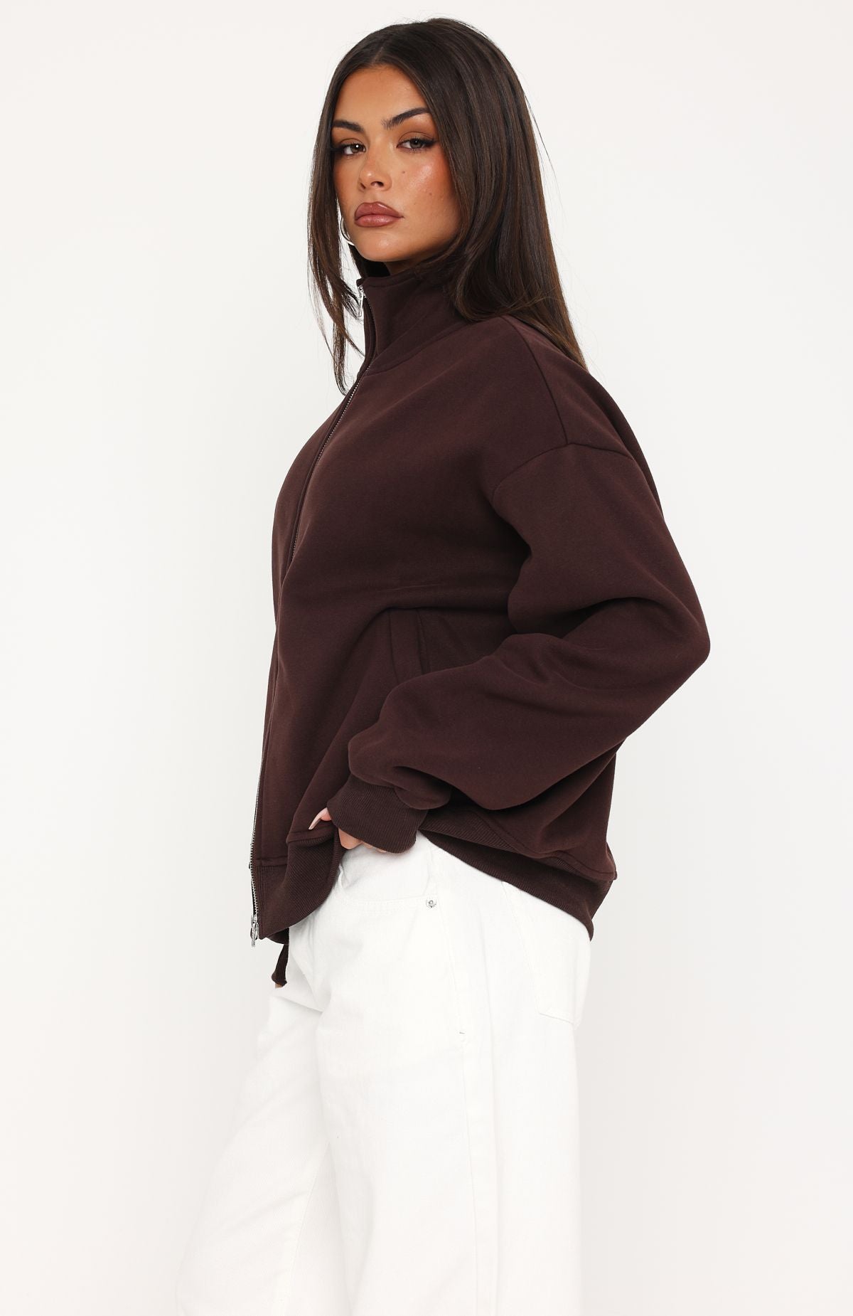 Trending Such A Dream Oversized Zip Front Funnel Neck Jacket Chocolate