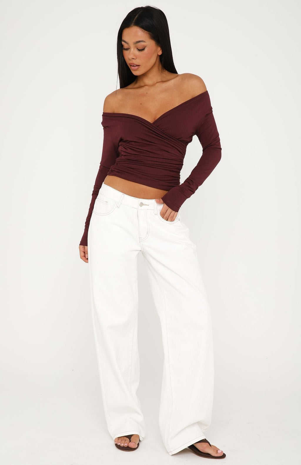 Trending Sparks Fly Cinched Waist Off Shoulder Long Sleeve Top Cherry Chocolate