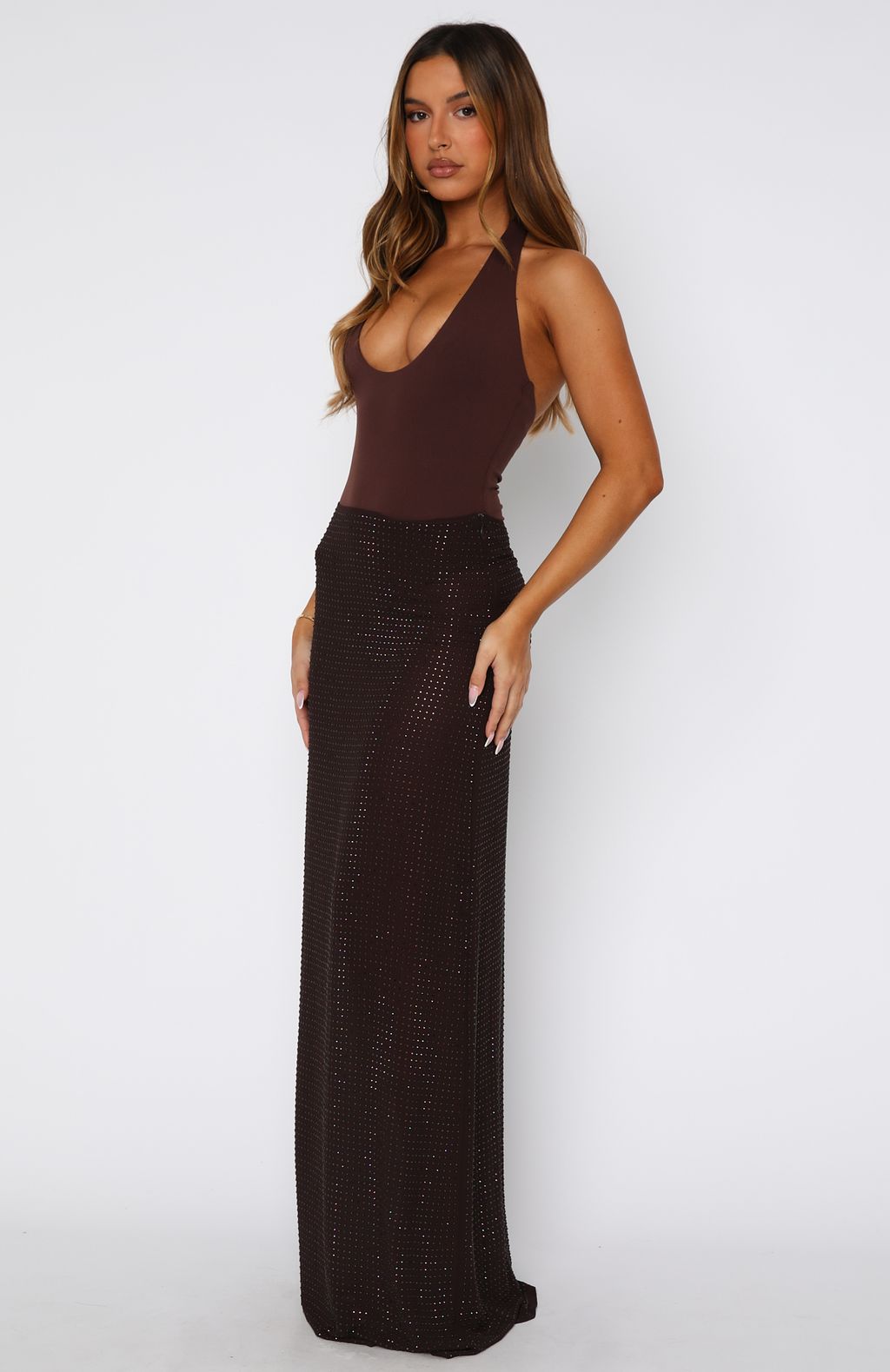 Trending Prism Embellished Maxi Skirt Chocolate