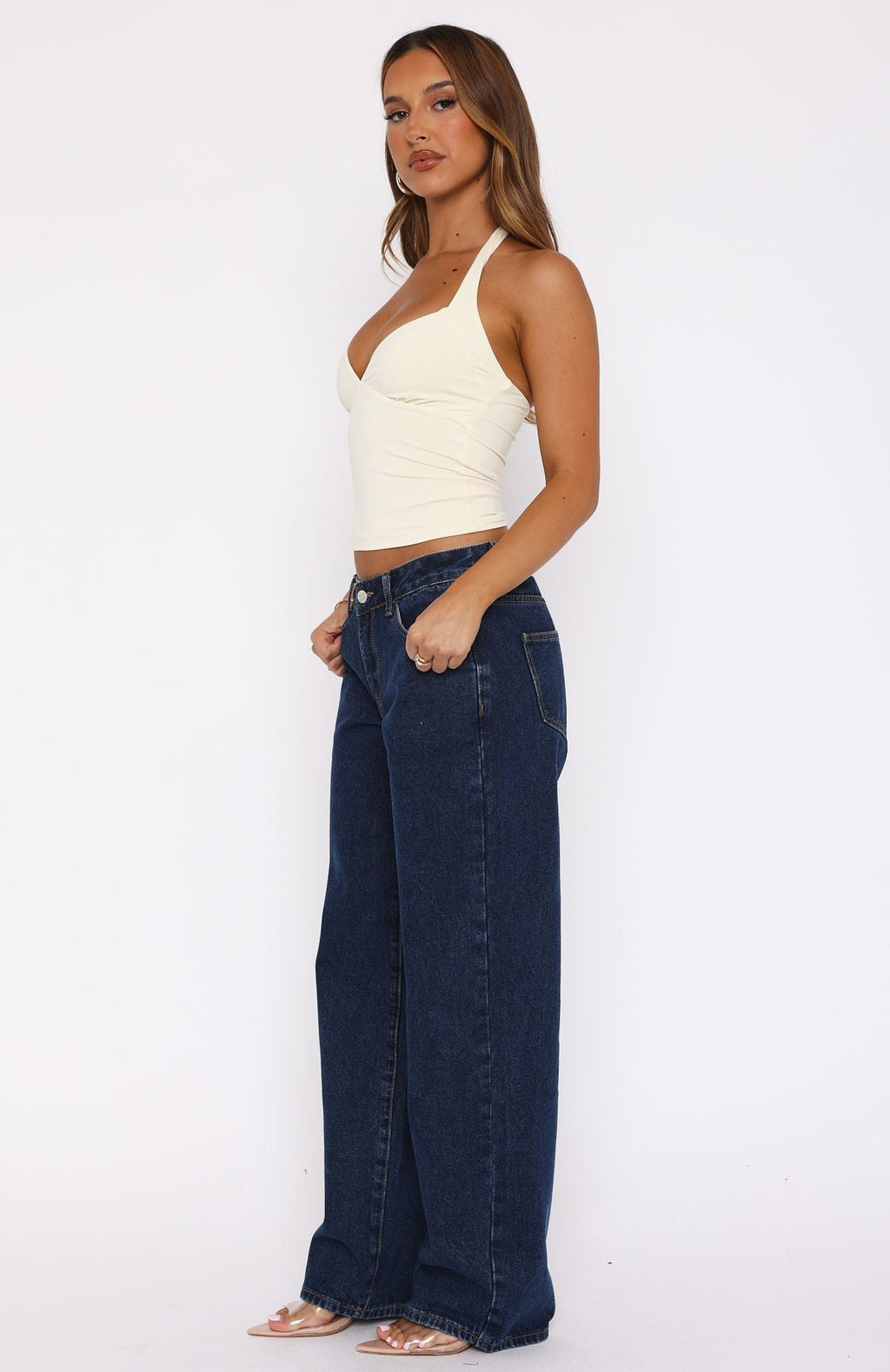 Trending Bring The Style Low Rise Wide Leg Jeans Dark Blue Wash