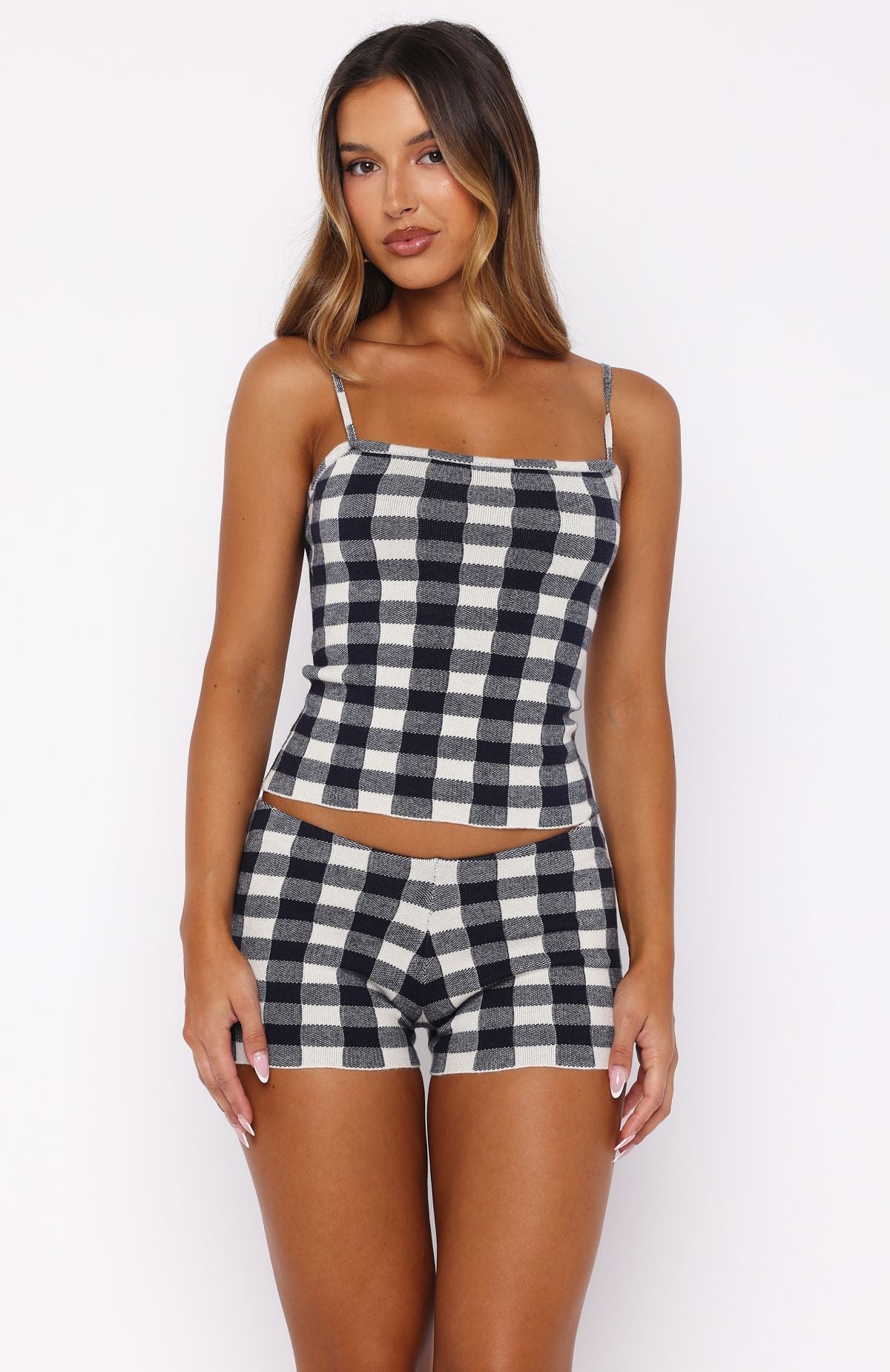 Trending Iconic Duo Knit Mini Shorts NavyCream Gingham
