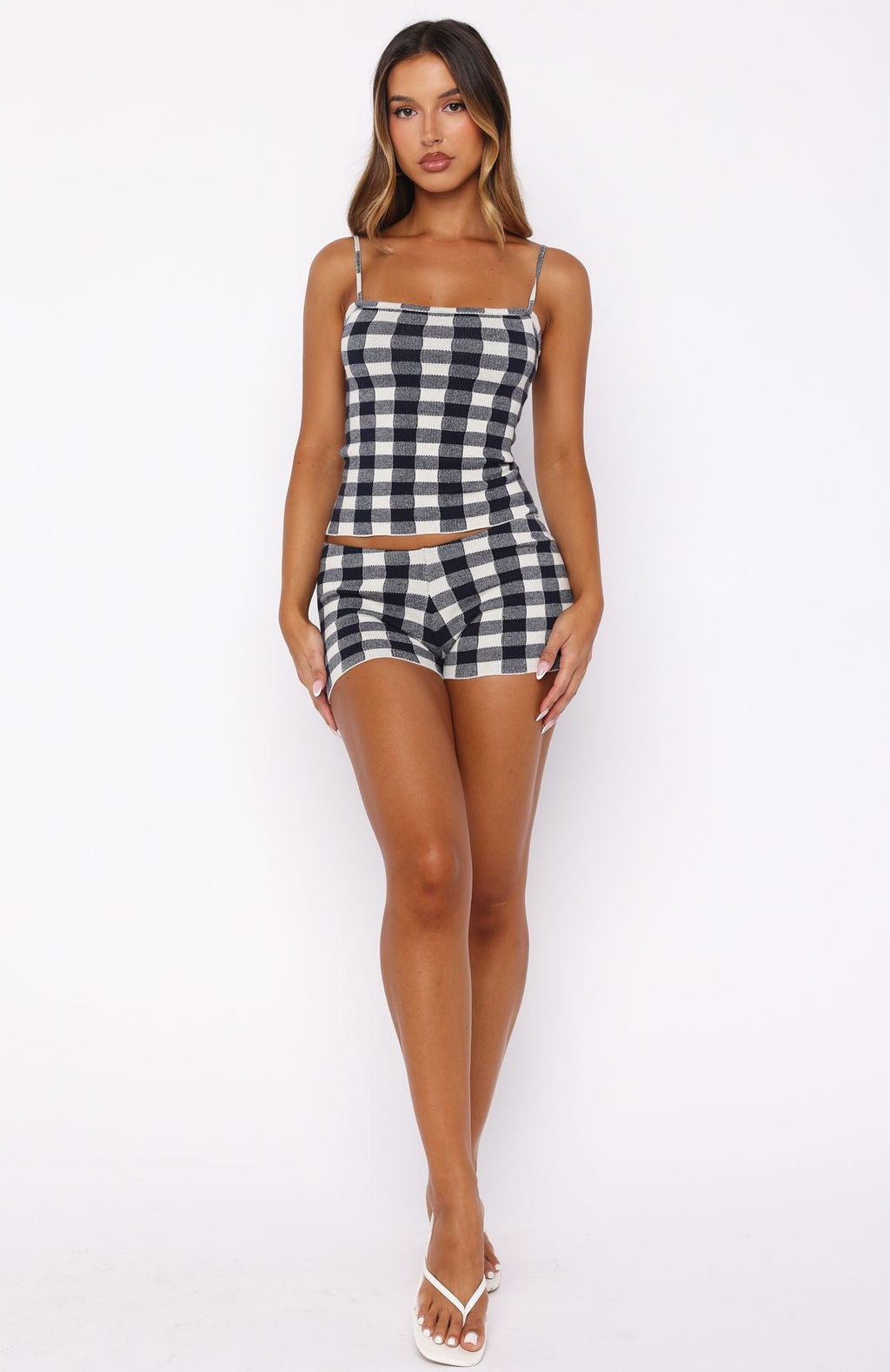 Trending Iconic Duo Knit Cami Top NavyCream Gingham