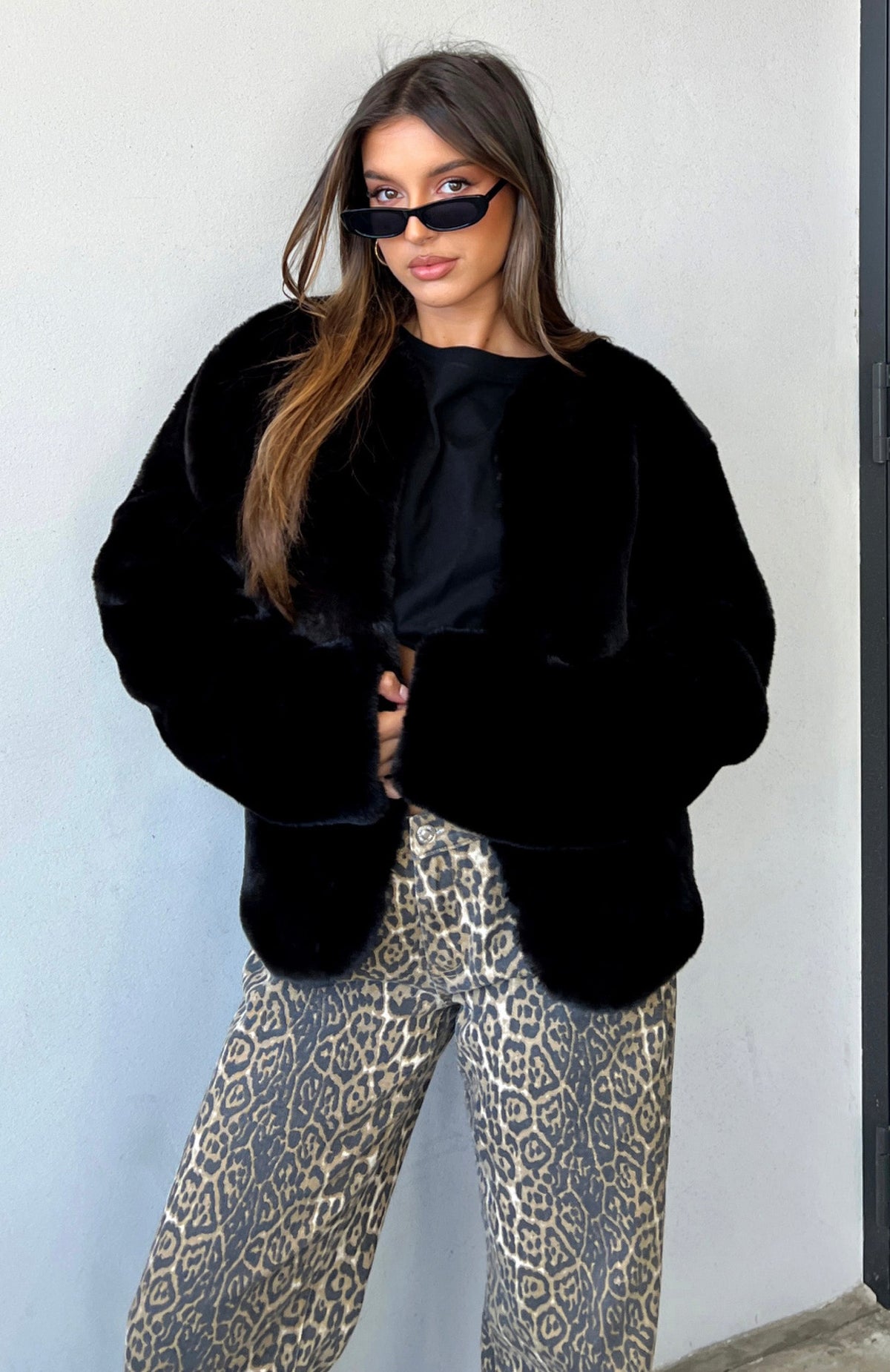Trending Happy Holidays Faux Fur Jacket Black