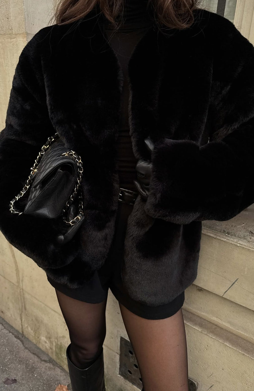 Trending Happy Holidays Faux Fur Jacket Black