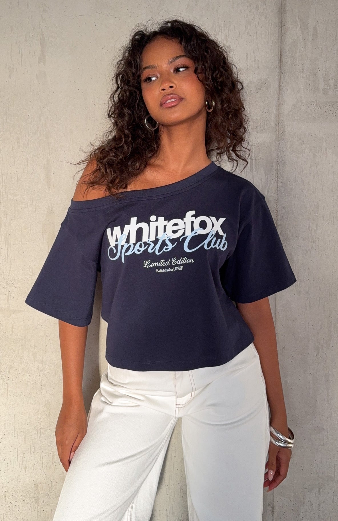 Trending Ive Got That Feeling Boxy Off Shoulder Tee Navy