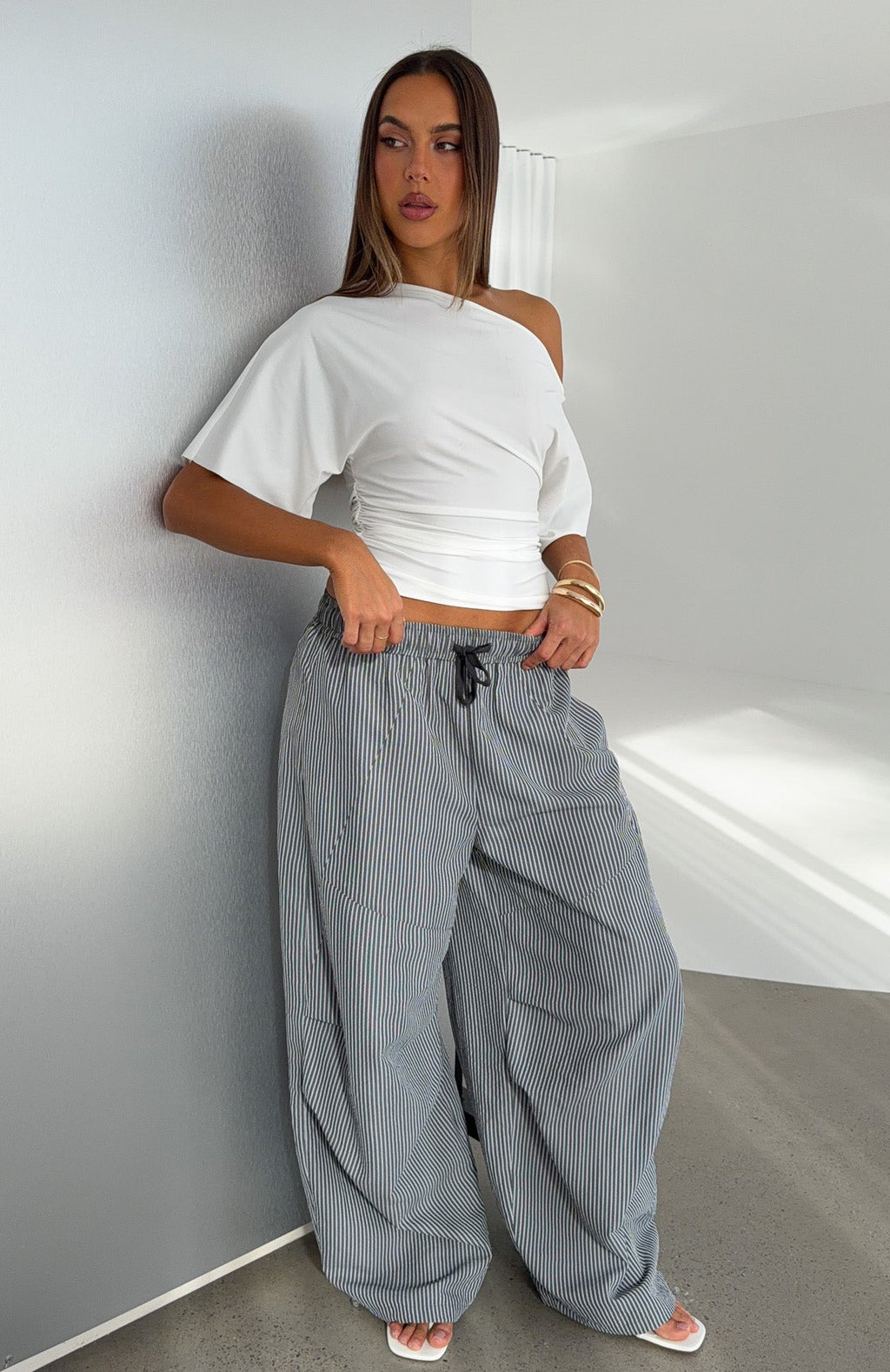 Trending Say When Barrel Leg Pants Charcoal Stripe