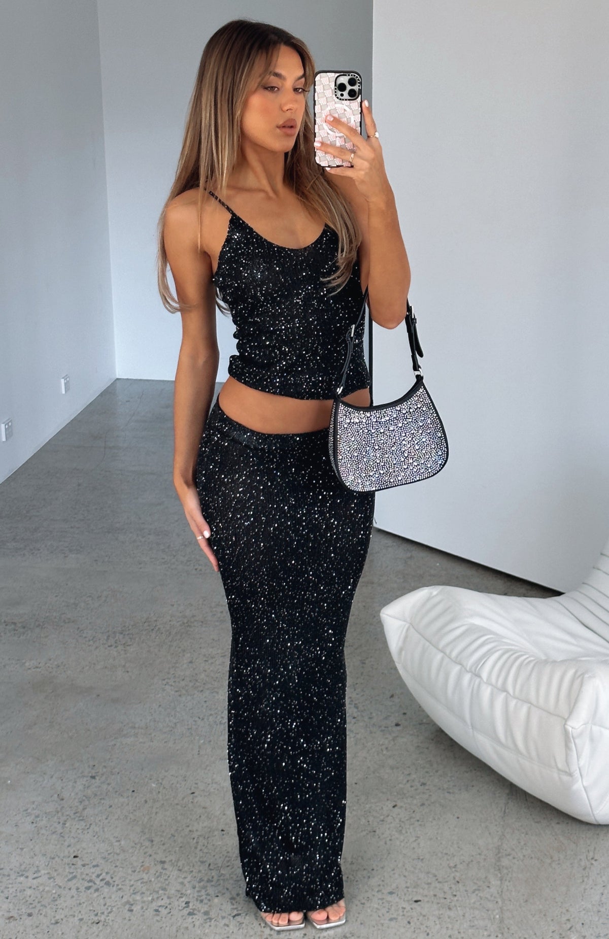 Trending Star Shining Sequin Knit Maxi Skirt Black