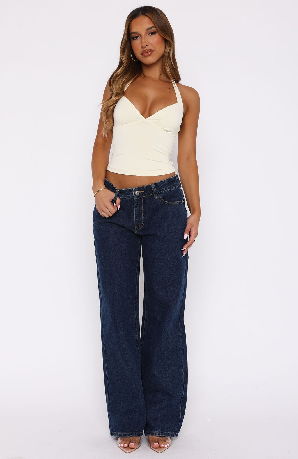 Trending Bring The Style Low Rise Wide Leg Jeans Dark Blue Wash