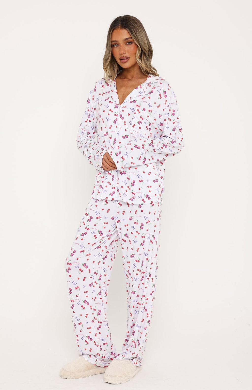 Trending Pillow Talk Printed Long Sleeve Pyjama Set White Berries